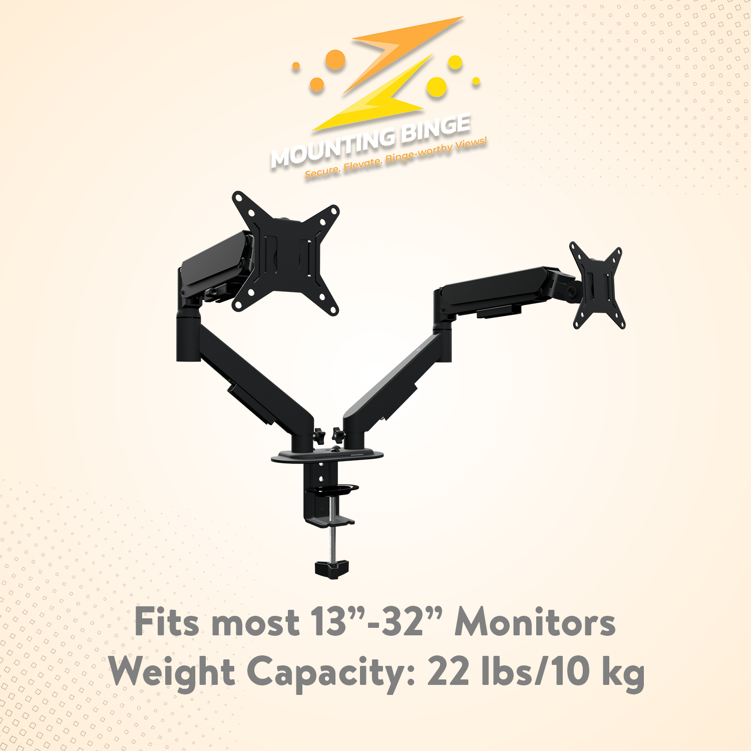 thumbnail video image 2 of Mounting Binge Dual Monitor Mount for 13–32 Inch Screens | Full Motion Adjustable Arm with Tilt, Swivel & Rotation | Heavy-Duty VESA 75×75/100×100 Desk Clamp Stand for Home & Office, 2 of 13