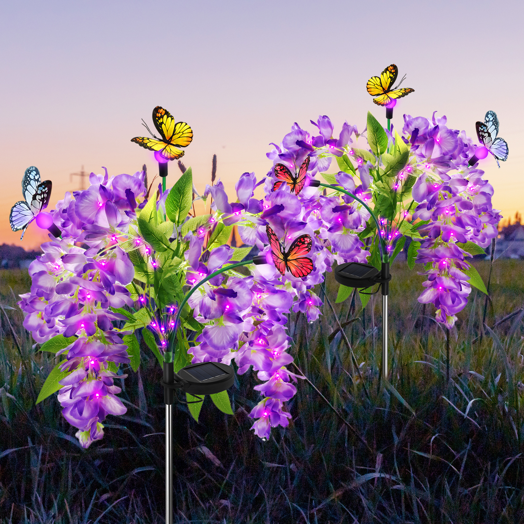 thumbnail video image 2 of 2 Pack Solar Garden Lights, Each 4 Wisteria Flowers and 3 Butterfly lED Lights,Swaying With The Wind,Solar Outdoor Lights,Courtyard Channel Decoration, 2 of 7