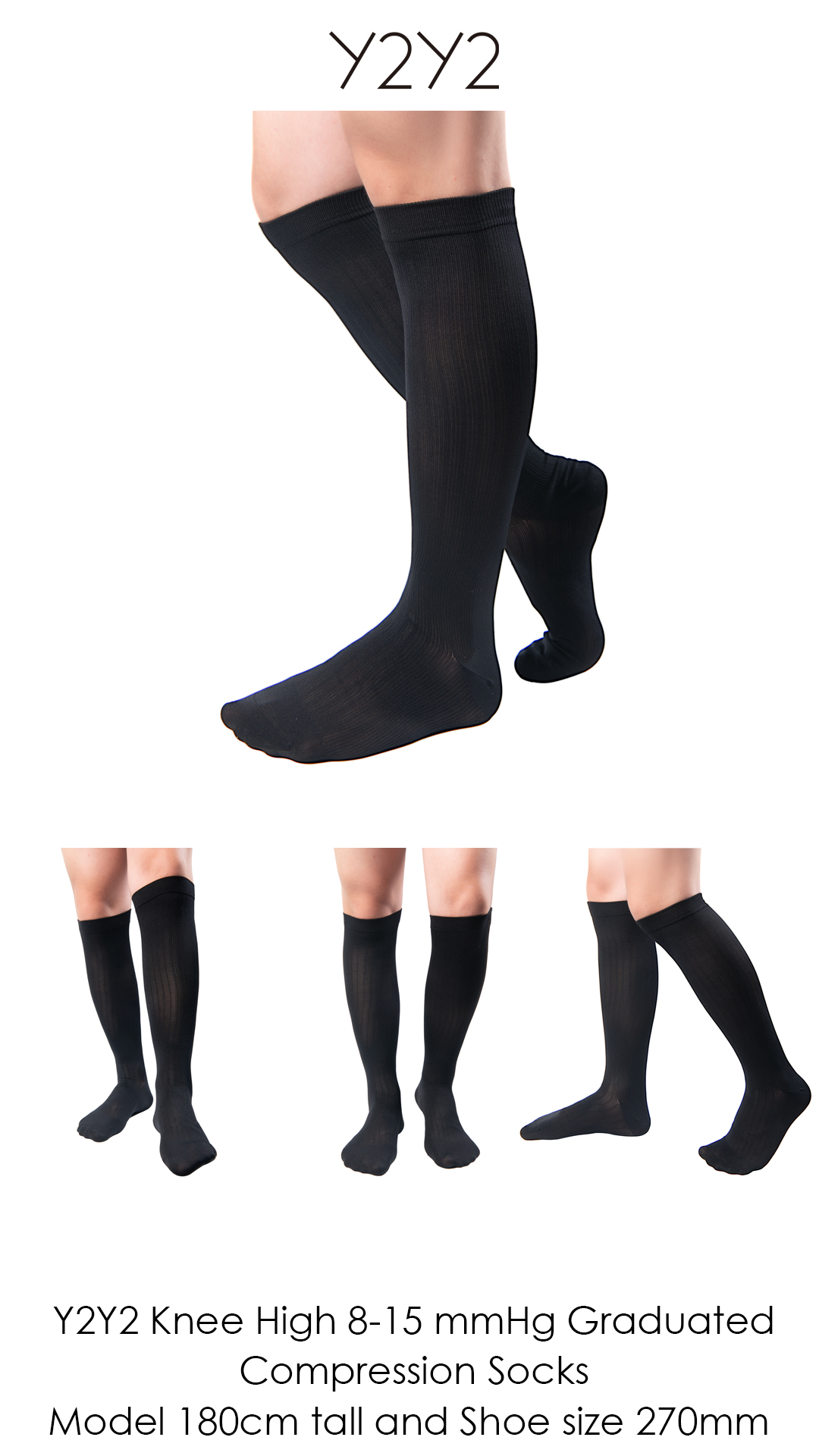 thumbnail video image 2 of Y2Y2 Knee High 8-15 mmHg Graduated Compression Socks 3-Pack Men's Black, Shoe size 7-12, 2 of 6