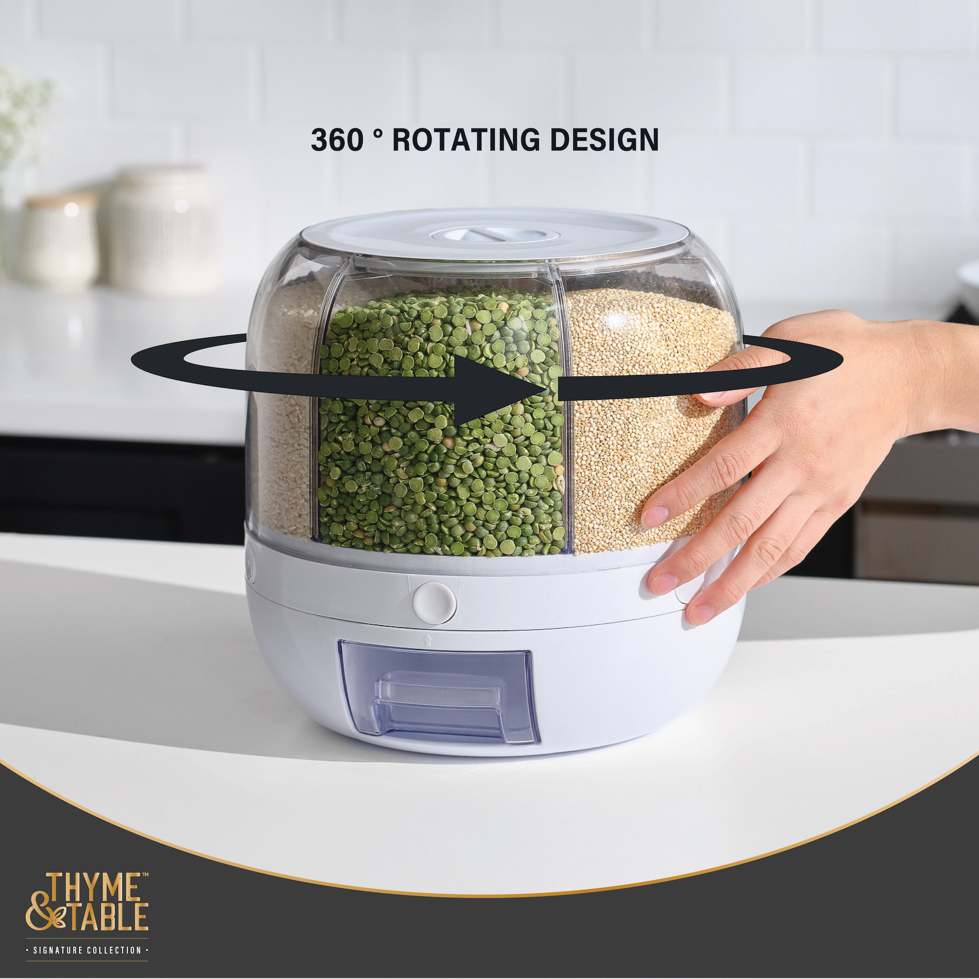 thumbnail video image 2 of Thyme & Table 6 Section Rotating Food Storage Dispenser with Removable Drawer, White, 2 of 9