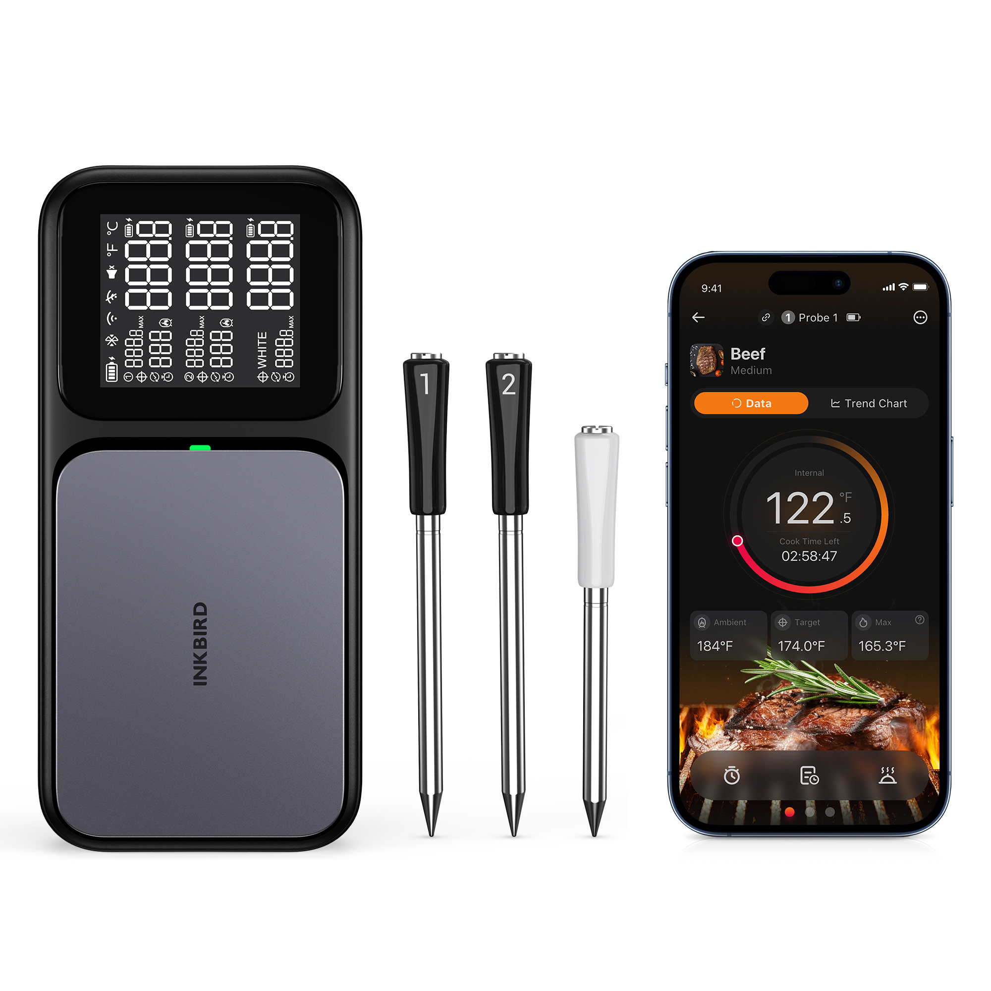 thumbnail video image 2 of Inkbird Meat Thermometer Probe WIFI BLUETOOTH Phone Compatible with Apple Watch Monitor Temperature Cooking Oven Internal Food , Black,3 Probe, 2 of 10