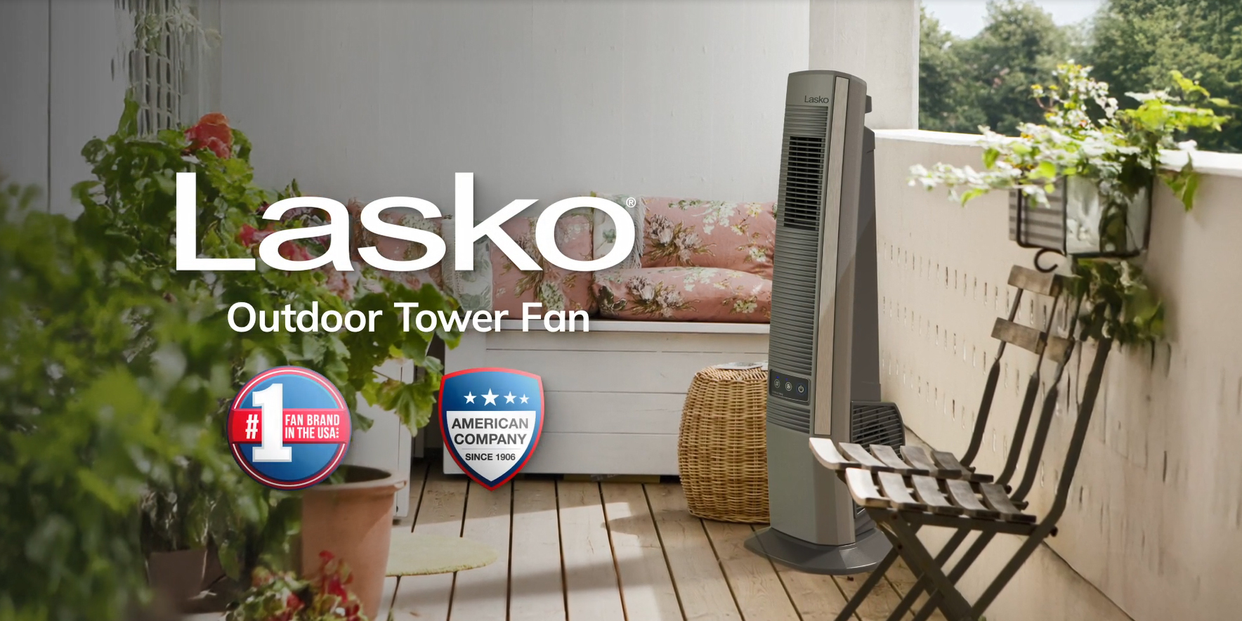 thumbnail video image 2 of Lasko 42" 4-Speed Oscillating Tower Fan for Decks and Patios, 276 CFM, YF202, 2 of 10