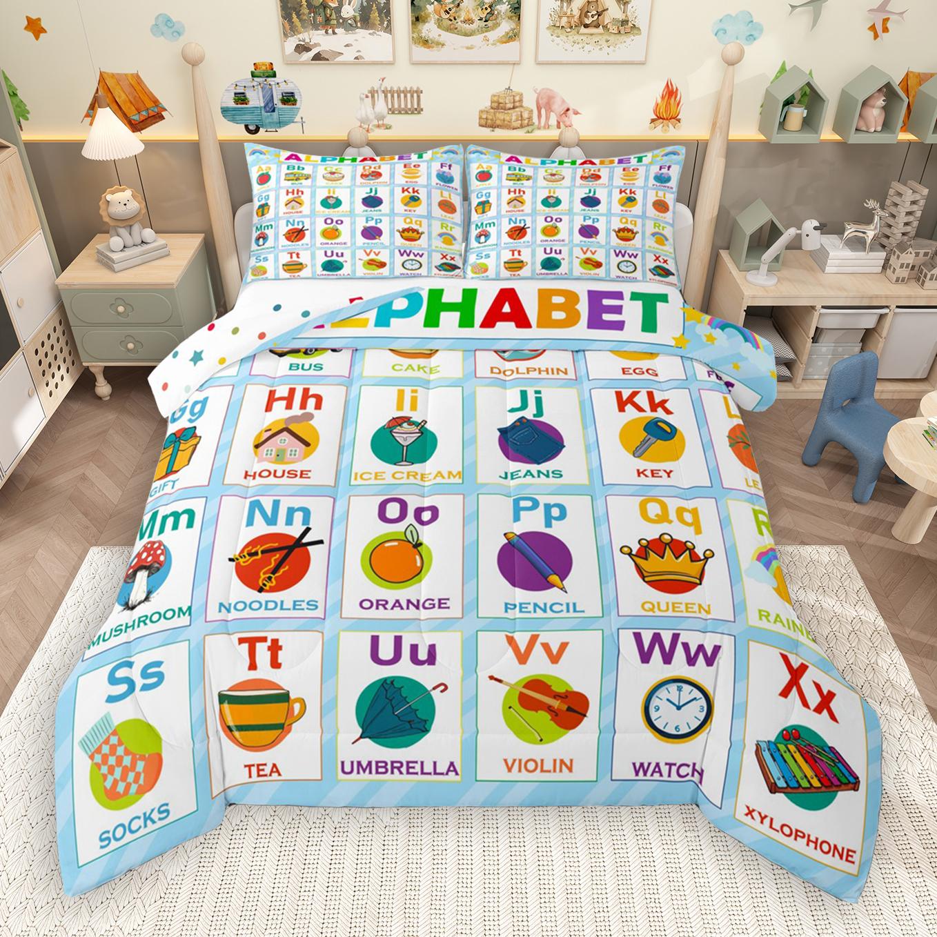 thumbnail video image 2 of Manfei Colorful Alphabet Bedding Comforter Set,Kids Learning Twin Comforter Sets,Multicolor 26 Letters Bedding Set For Girls Kids,Breathable Home Decor Reversible,2pcs, 2 of 9
