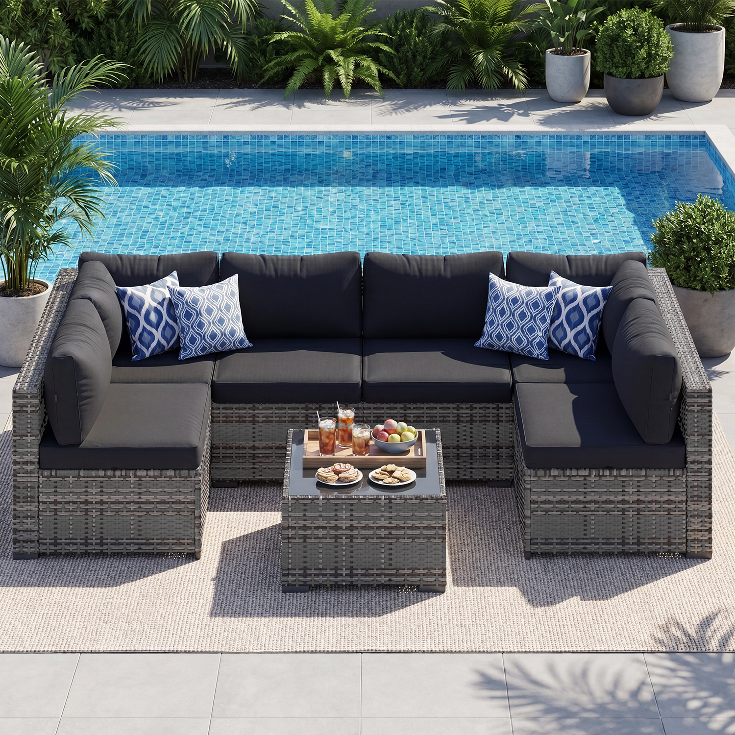 thumbnail video image 2 of LazySunsets 7 Pieces Patio Conversation Set, Rattan Wicker Outdoor Sectionals with 6 Sofas and 1 Coffee Table, Black/Gray, 2 of 10
