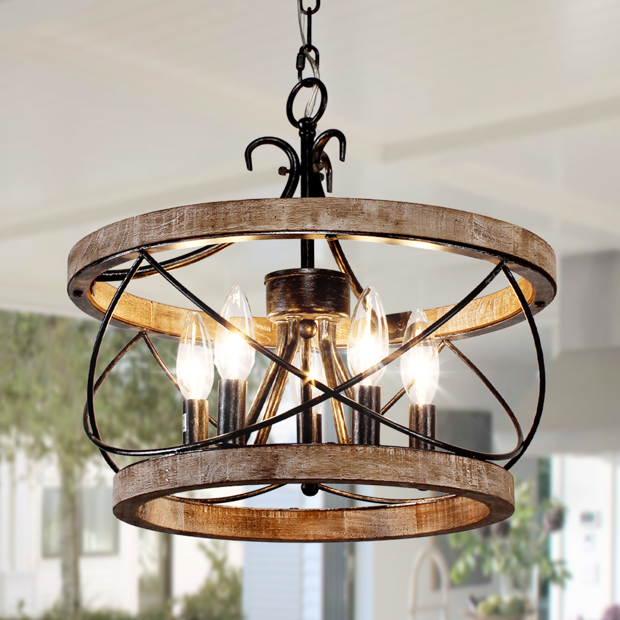 thumbnail video image 2 of Bella Depot 15.7“ Rustic Chandelier 5-light Distressed Wood Farmhouse Pendant Lighting with Adjustable Metal Chain for Kitchen Island and Hallway, 2 of 8
