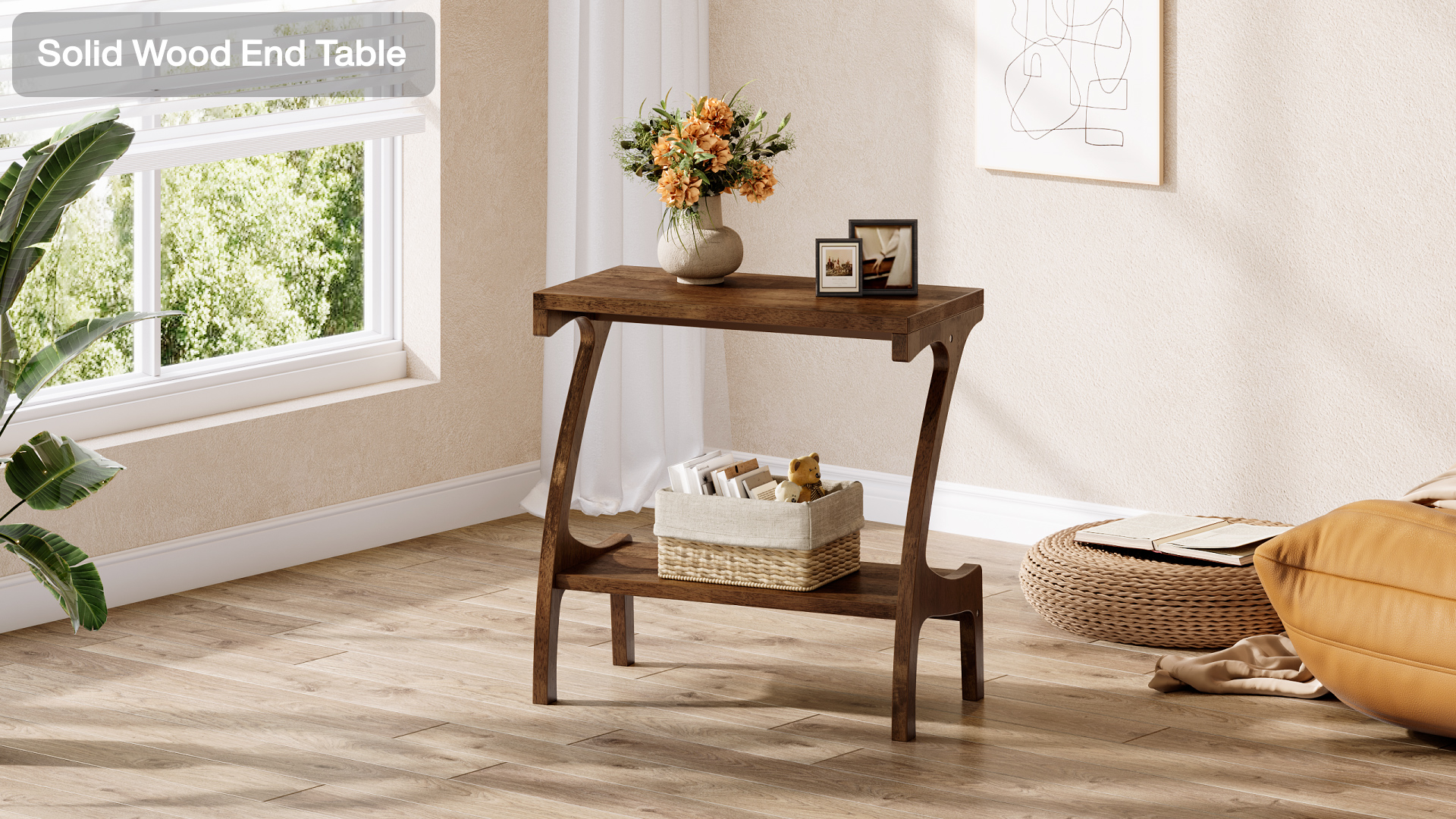 thumbnail video image 2 of Tribesigns Solid Wood End Table with 2-Tier Storage, Narrow Side Table for Sofa, Brown (Set of 2), 2 of 8