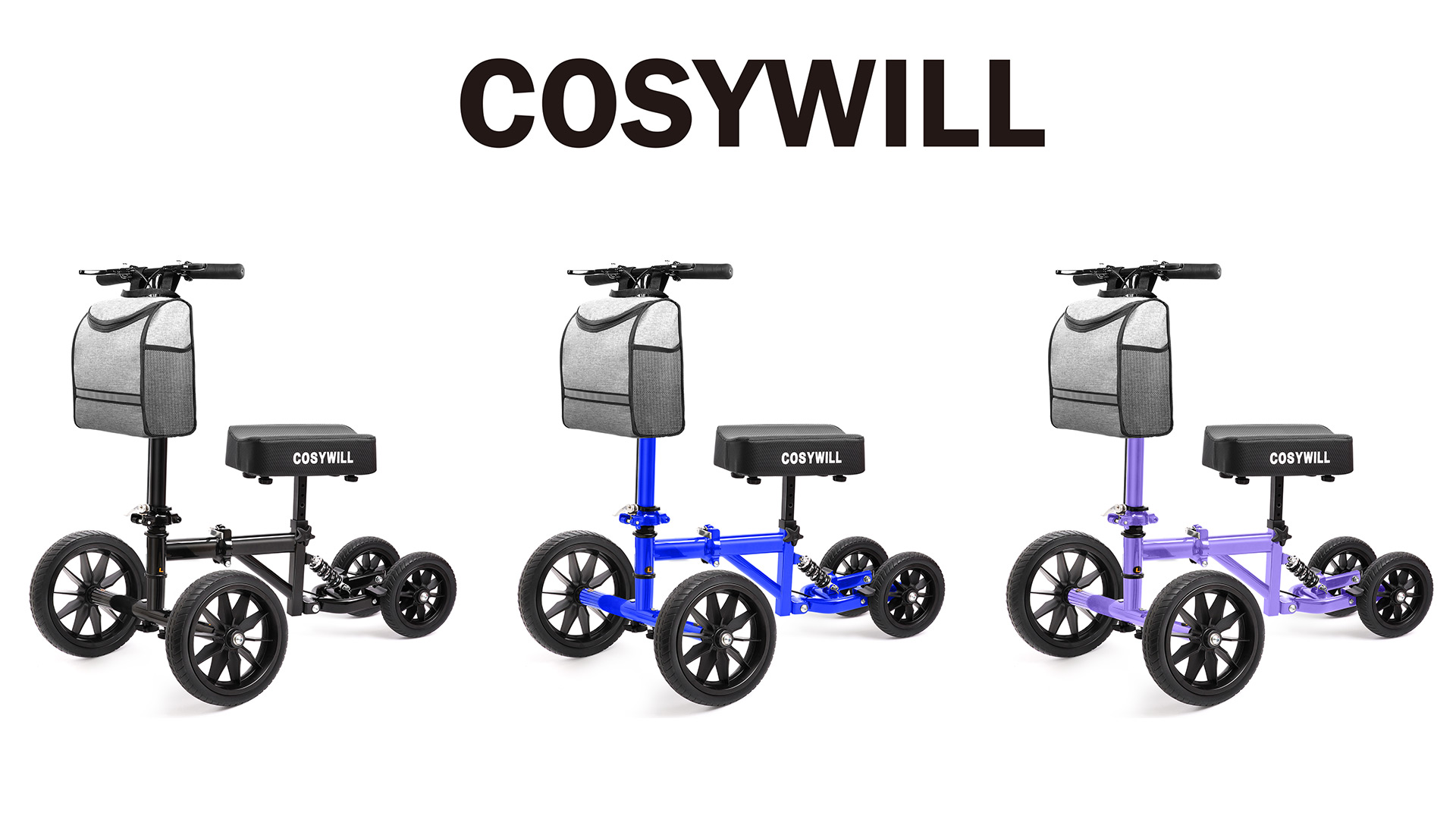thumbnail video image 2 of COSYWILL All Terrain Knee Scooter,Knee Walker Scooter for Foot Injuries,Adults Roller Scooter for with 10“ TPU Wheel,Compact Crutches Alternative,Black, 2 of 9
