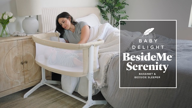 thumbnail video image 3 of Baby Delight Beside Me Serenity Bassinet and Bedside Sleeper, Pebble Grey, 3 of 10