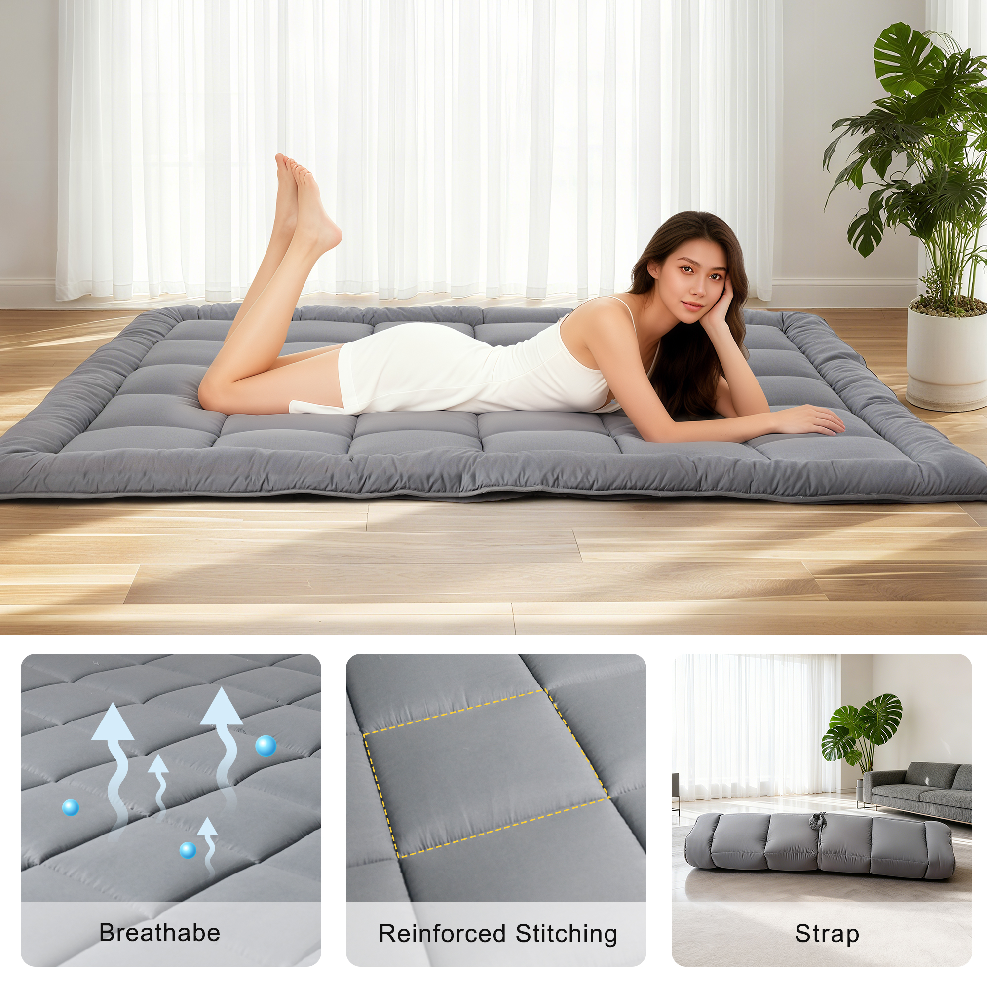 thumbnail video image 2 of Japanese Futon Floor Mattress, 100% High Density Comfortable Foam, Thicken Foldable Mattress Tatami Mat Sleeping Pad, Ideal for Comfort and Support, Kids Floor Lounger Pillow Bed Sofa (Queen）, 2 of 9