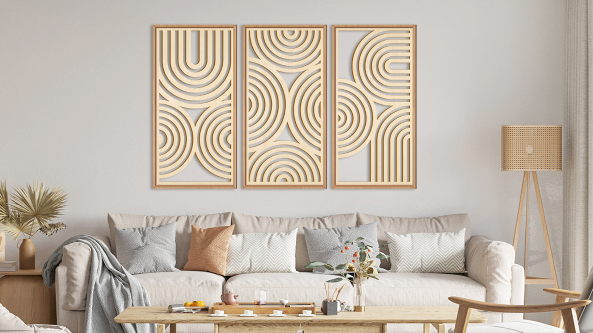 thumbnail video image 2 of HPNIUB Boho Wooden Framed Wall Art Mid-Century Modern Abstract Geometric Decor Minimalist Set of 3 for Living Room Bedroom Office 16x32 Inch, 2 of 11