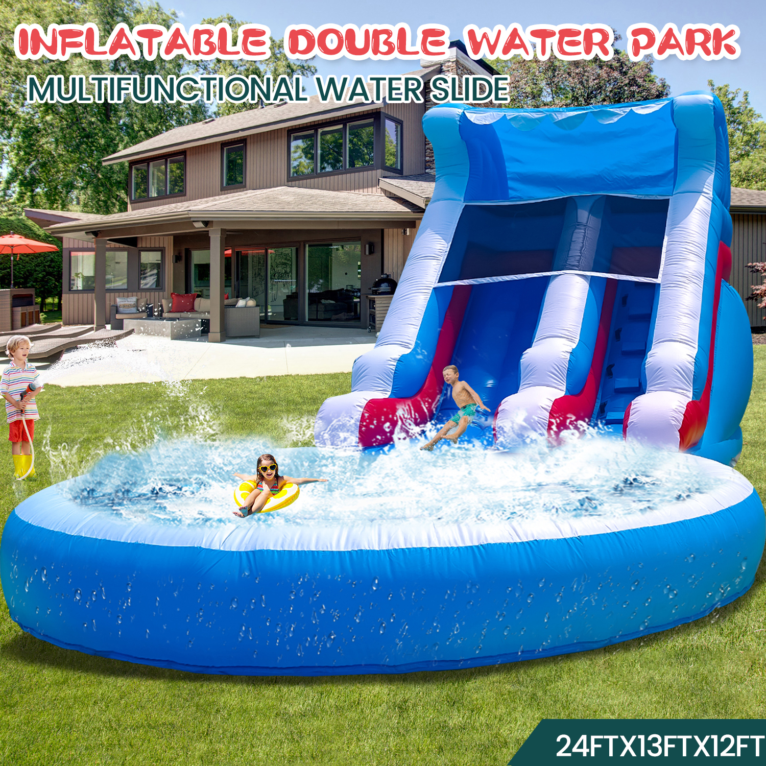 thumbnail video image 2 of Relunch 24FT(L) Commercial Grade PVC Inflatable Water Slide for Kids Adults with Big Splash Water Pool & Blower 24x13x12ft, 2 of 9
