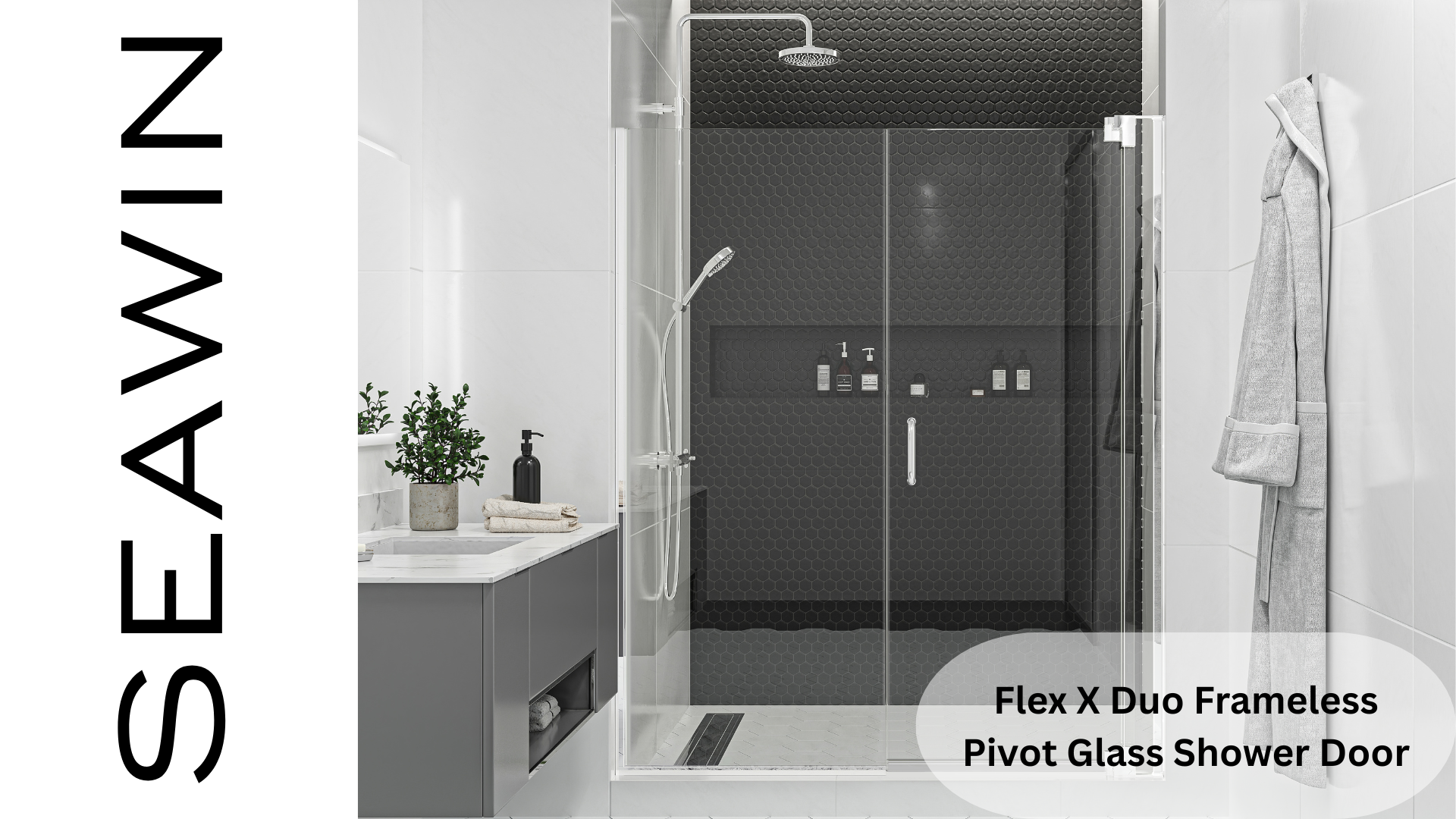 thumbnail video image 2 of Seawin 57-60 in. W x 72 in. H Flex X Duo Pivot Frameless Shower Door 3/8 in. (10 mm) Thick Clear Tempered Glass with NanoShield Glass Coating (Brushed Nickel), 2 of 9