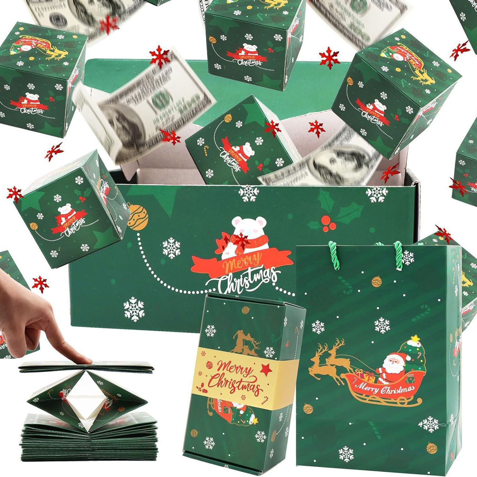 thumbnail video image 2 of Rkxzt 14PCS Christmas Gifts Boxes Surprise Gift Box Money Holder Xmas Surprise Explosion Folding Bouncing Gift Boxes -Up Explosion Gift Box for Money and Birthday (14PCS Bounce Boxes,Green), 2 of 10