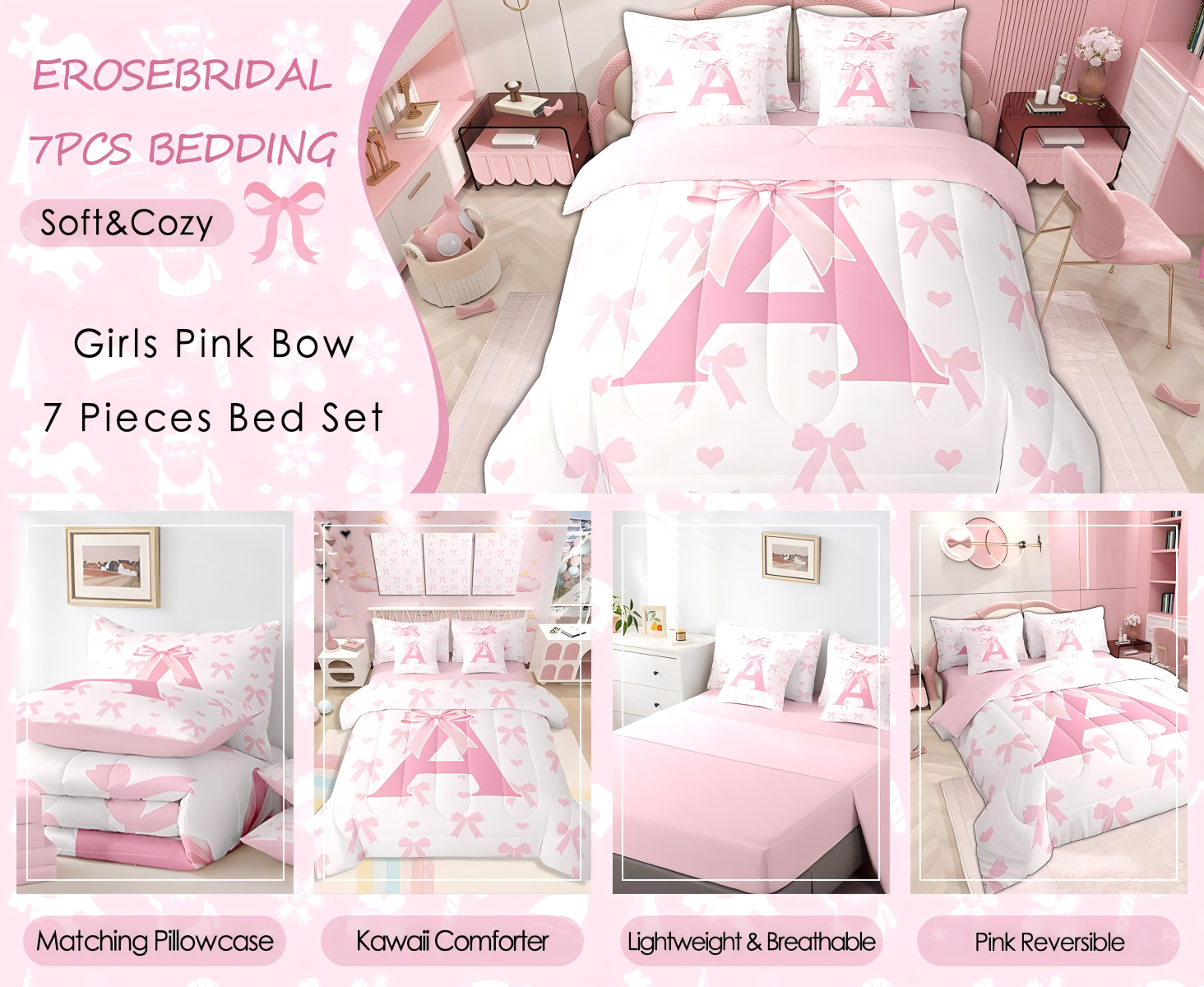 thumbnail video image 2 of 7 Pcs Initial Letter J Comforter Set,Princess Style Pink Bowknot Girly Romantic Bedding Set,Dreamy Bow Love Hearts Pink Bed Set(Comforter+Fitted+Flat Sheet+Pillowcases+Pillow Covers),Twin, 2 of 6