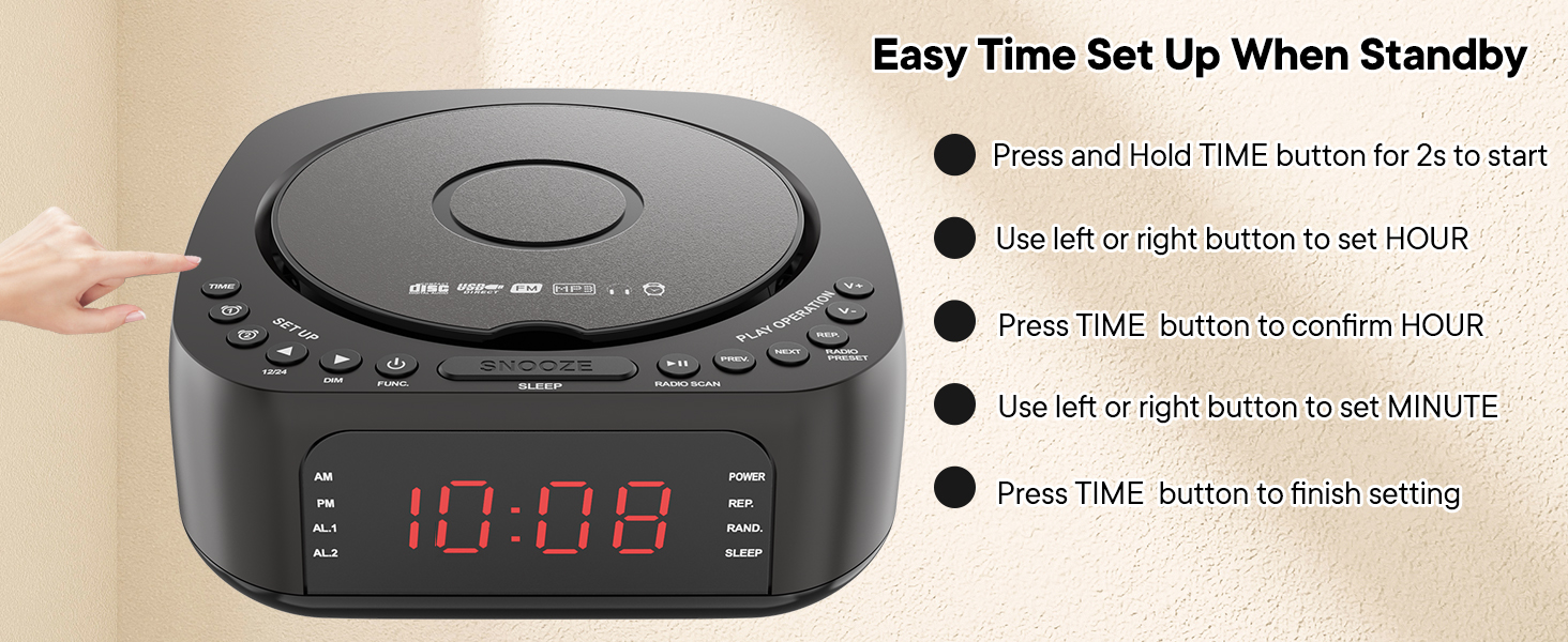 thumbnail video image 2 of KUEPHOM CD Player Alarm Clock Radio with Remote:CD/MP3,Bluetooth,FM player with Speakers,USB Charger and Dimmable Display for Bedroom-Dual Alarm with Optional Sound Suitable for Heavy/light Sleeper., 2 of 8