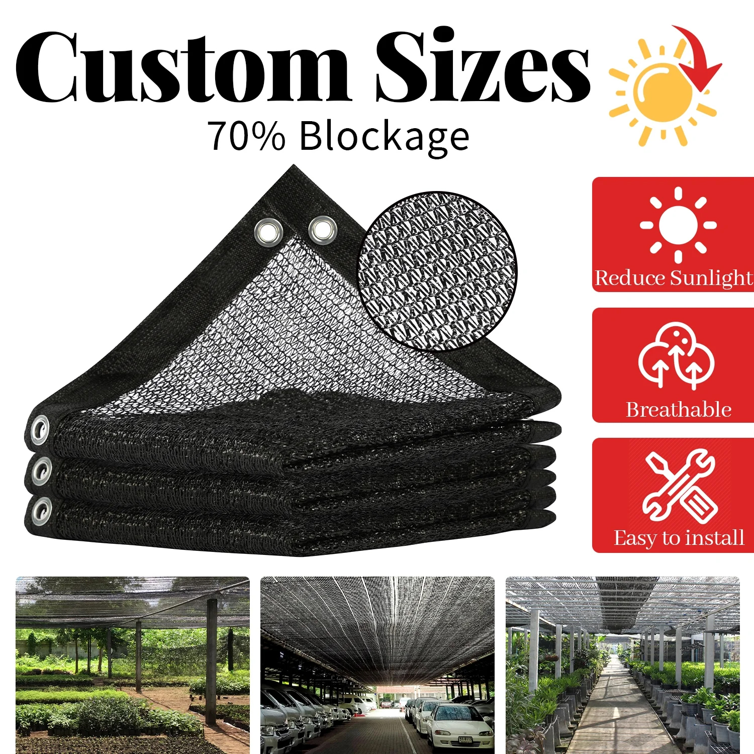 thumbnail video image 2 of Amgo 70% Shade Fabric 12FT x 16FT Black Sun Shade Mesh, Black Sun Shade Netting with HDPE Material and Heavy Duty Grommets Shade for Greenhouse, Garden, Patio Plants, Pergola (We Make Custom Size), 2 of 8