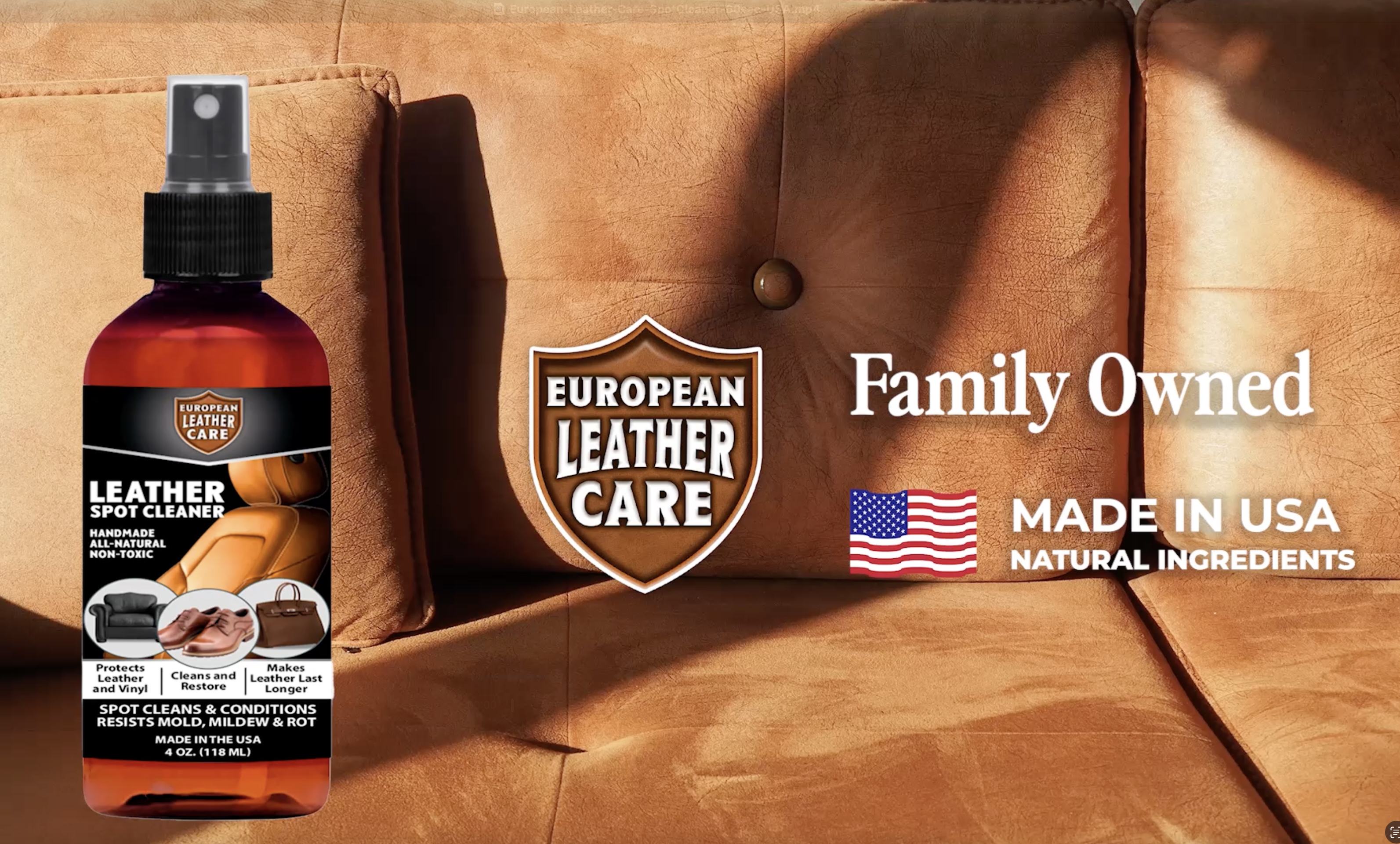 thumbnail video image 2 of European Leather Care Leather Spot Cleaner 8 oz Car Leather Cleaner and Conditioner for Leather Couch Cleaner, Furniture, Car Seat, Shoes, Boots, Purse - Natural Ingredient Leather Shoe Cleaner USA, 2 of 9