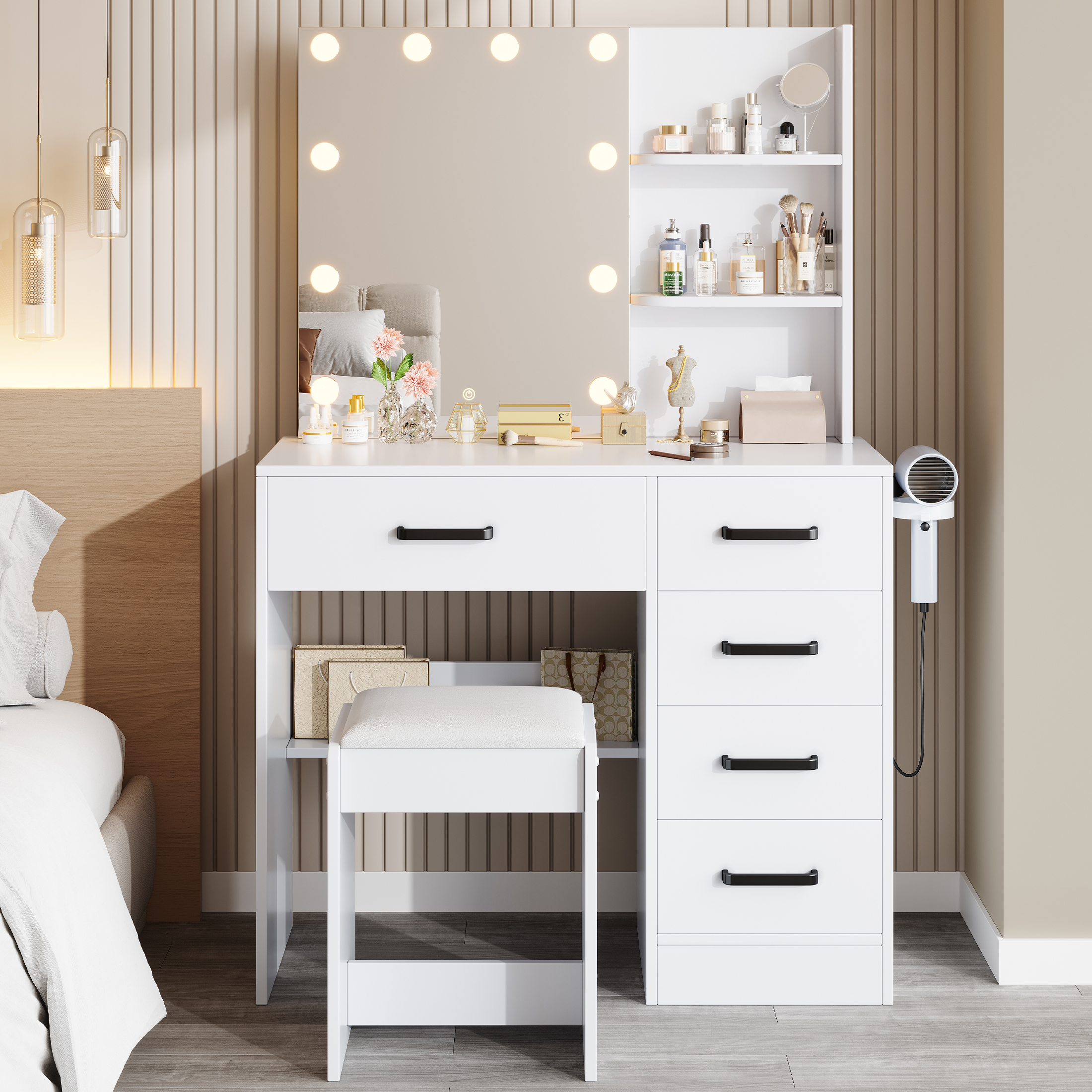 thumbnail video image 2 of Vanity Set with Mirror and Light, PAPROOS Makeup Vanity with Hair Dryer Rack, Makeup Desk with Anti-tipping Function, Upholstered Stool, 5 Drawers, Open Shelves, White, 2 of 10