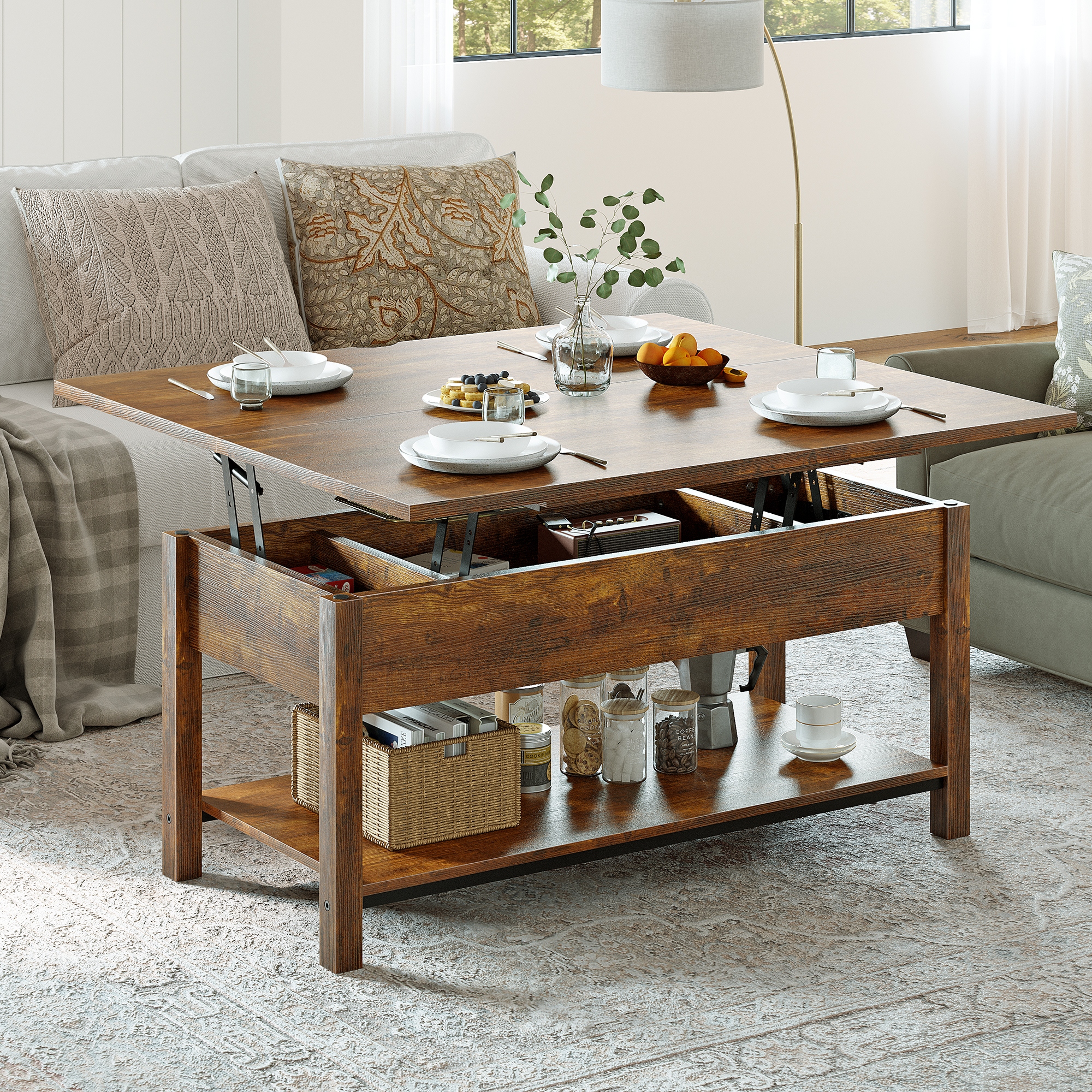 thumbnail video image 2 of GUNAITO 40.9"Lift Top Coffee Table 4 in 1 Multi-Function Convertible Coffee Table with Hidden Storage Framhouse Coffee Table for Living Room Rustic Brown, 2 of 10