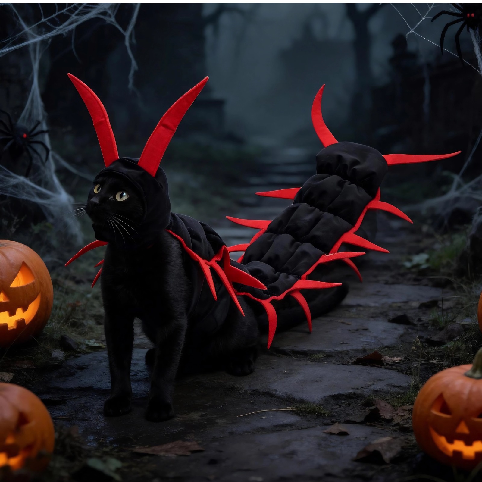thumbnail video image 2 of Cat Centipede Costume for Halloween, Adjustable Insect Cosplay Outfit for Cats and Small Dogs, Vivid Multi-Leg Pet Cloak for Costume Party, Photos and Dress Up,Red, 2 of 9
