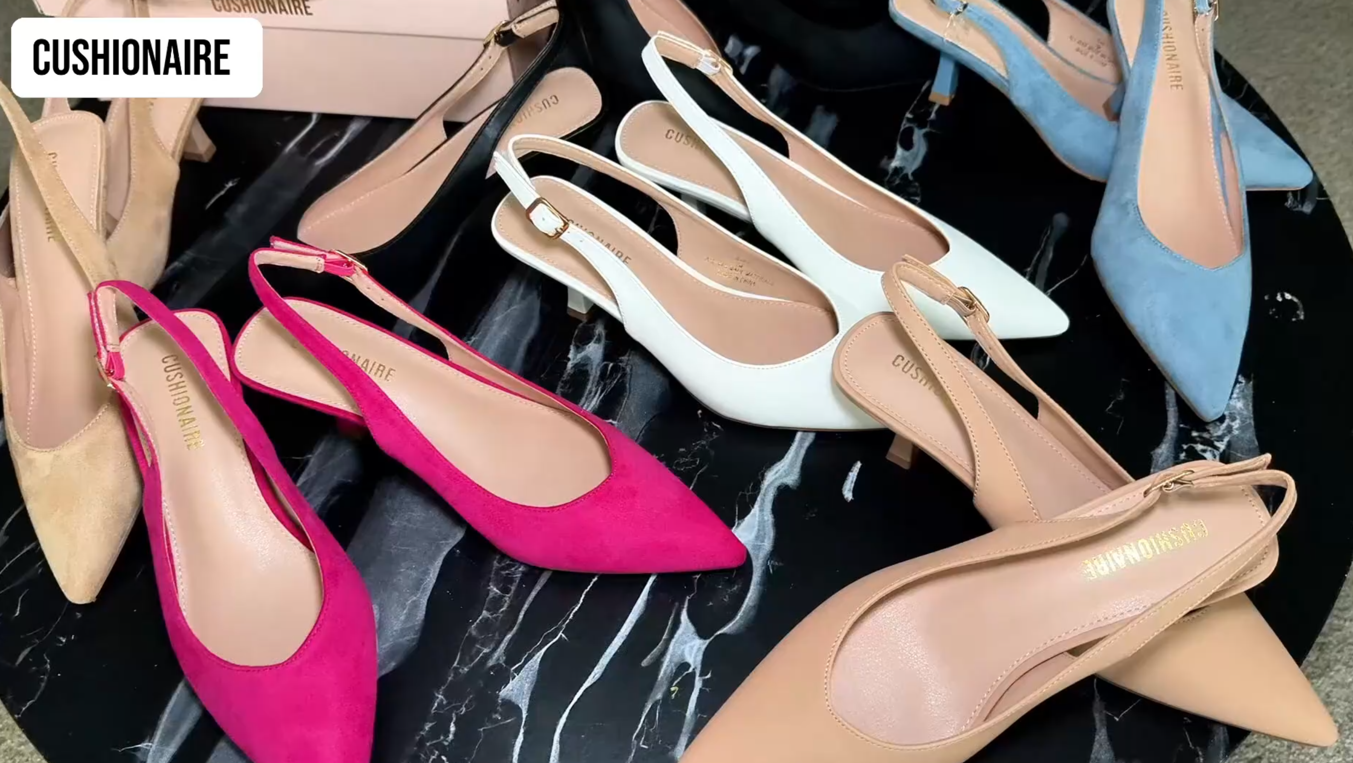 thumbnail video image 2 of Cushionaire Saby Slingback Kitten Heels for Women, Pointed Toe Pumps with Adjustable Ankle Strap for Casual Dressy Wear, 2 of 17