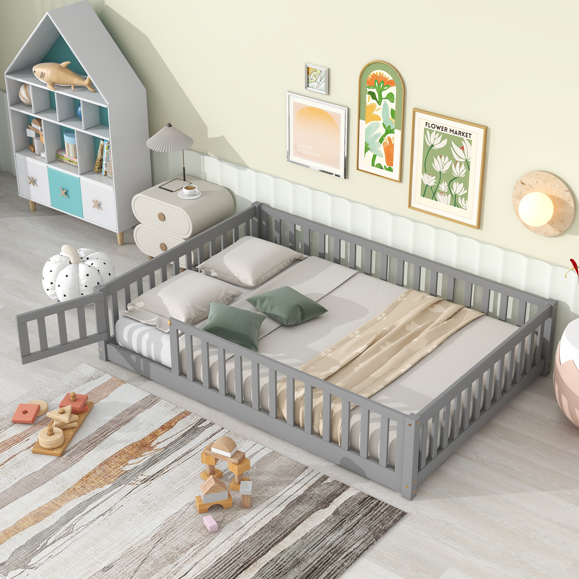 thumbnail video image 2 of PAPROOS Full Montessor Floor Bed, Solid Wood Toddler Bed with Safety Guardrail and Door, Easy Assembly, Low-to-Floor Bed Frame with Slats for Kids, Gray, 2 of 10