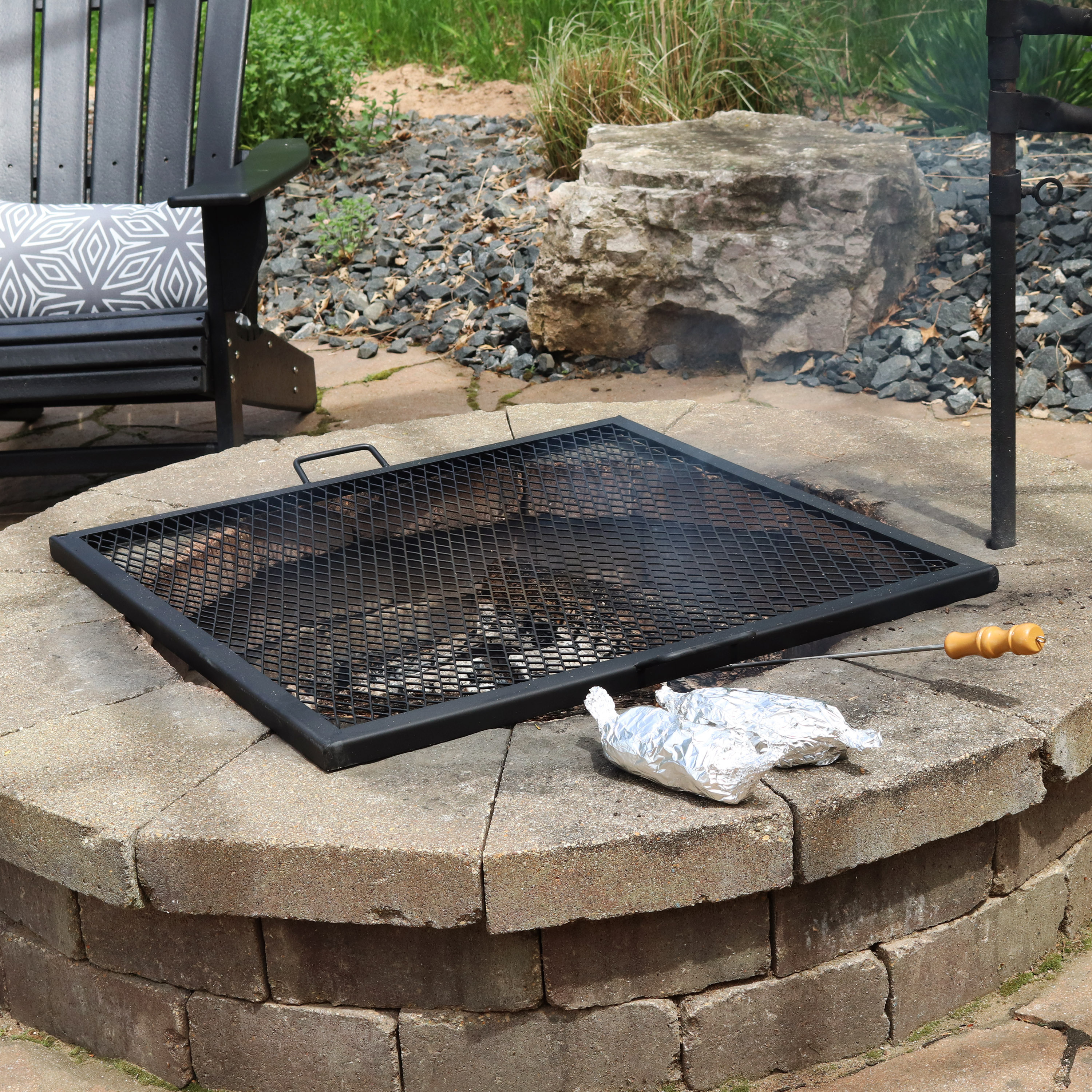 thumbnail video image 2 of Sunnydaze 30" x 30" Steel Black Square Fire Pit Cooking Grill with Handles, 2 of 12