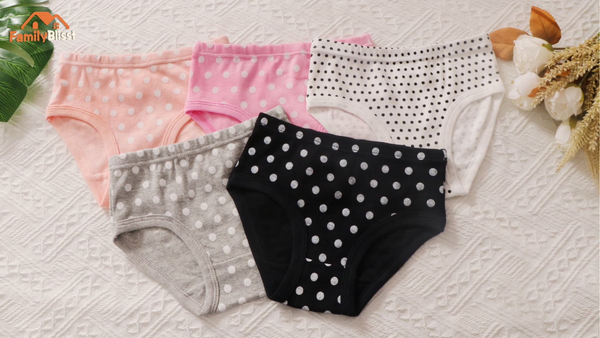 thumbnail video image 2 of FamilyBlisst 6‑Pack Girls Soft Cotton Triangle Underwear, Assorted Cute Prints for Little & Big Girls, 2 of 8