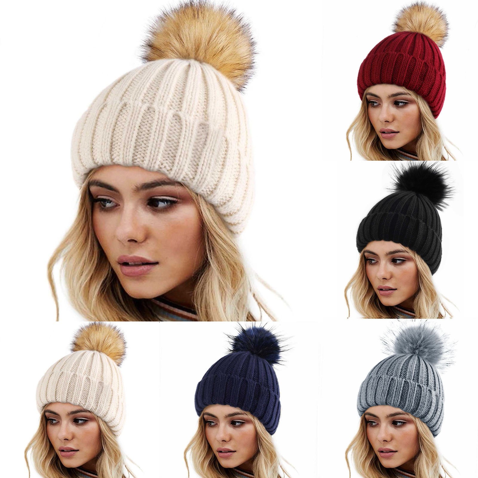 thumbnail video image 2 of GZWYHT Beanies,Beanie Hats Womens Winter Knitted Hat With Faux Pom Warm Knit Cap For Women Winter Hats,Hats for Women Navy, 2 of 2