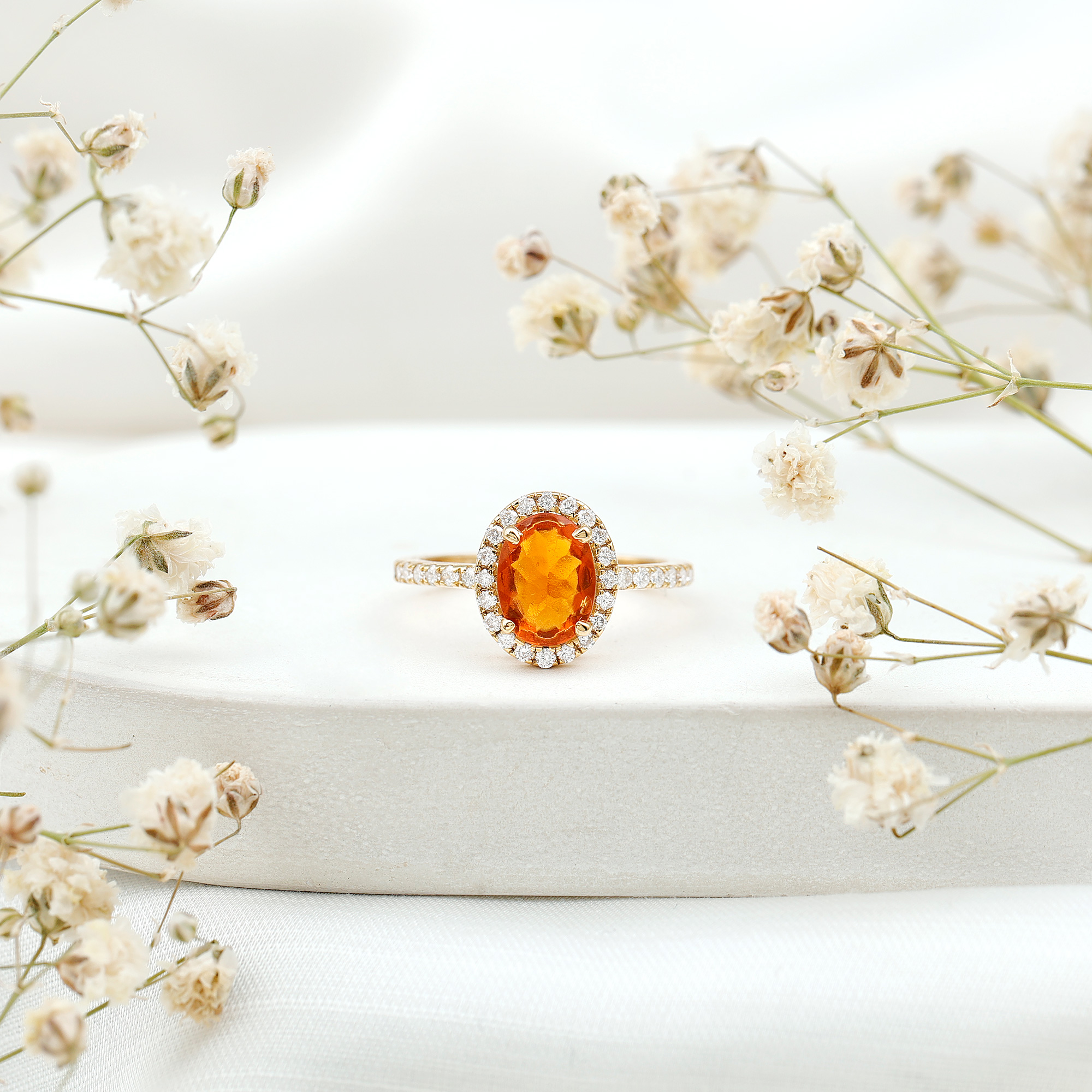 thumbnail video image 2 of Rosec Jewels Oval Shape Fire Opal Ring for Women with Diamond Halo (6X8 MM, AAA Grade), 10K White Gold, US 6.00, 2 of 10