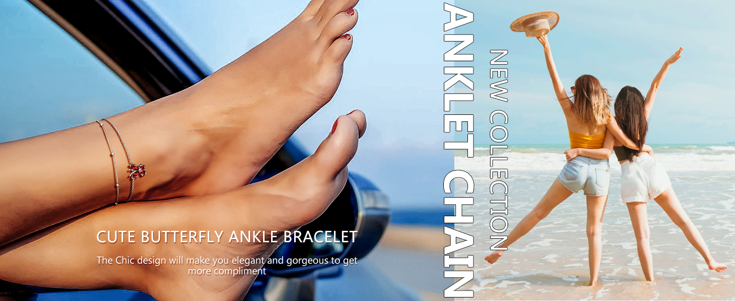 thumbnail video image 2 of Bestyle Sterling Silver Ankle Bracelet Women Butterfly Birthstone Double Layered Anklets Jewelry Gifts for Birthday Christmas, June, 2 of 9