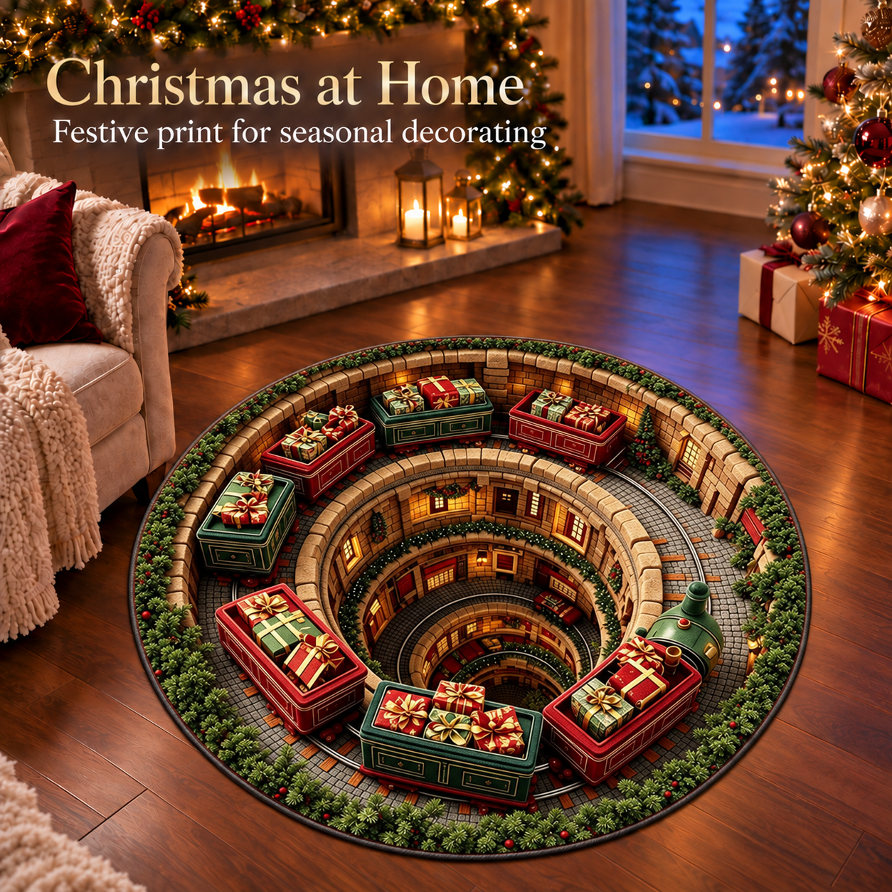 Round Tree Ring Rug 4FT Christmas 3D Optical Illusion Round Rug Polyester Vortex Floor Mat ...