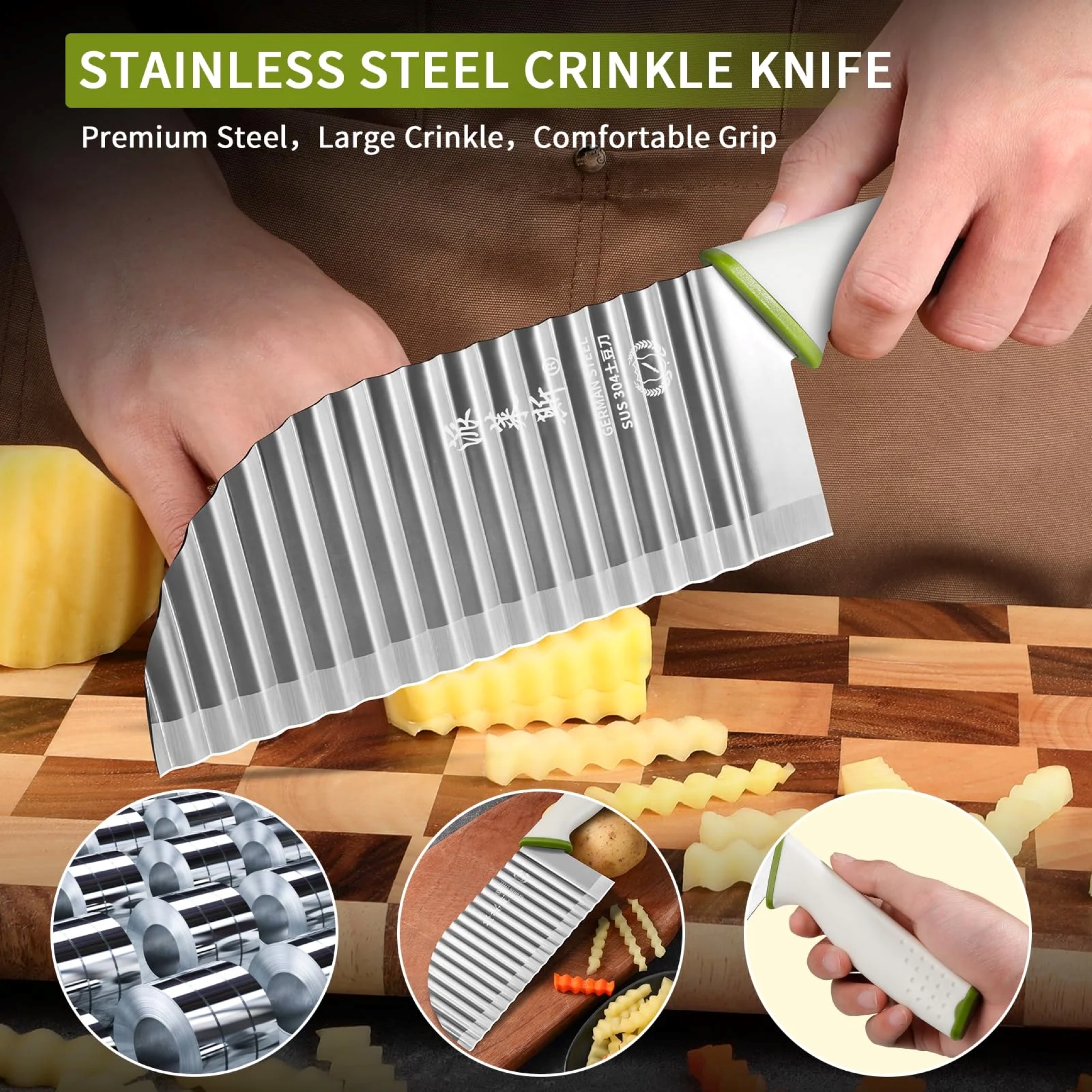 thumbnail video image 2 of QianYing Crinkle Cutter for Veggies with Paring Knife: Kitchen Waffle Fry Knives for Potato, Pickle, Carrot, Cucumber, 2 of 7