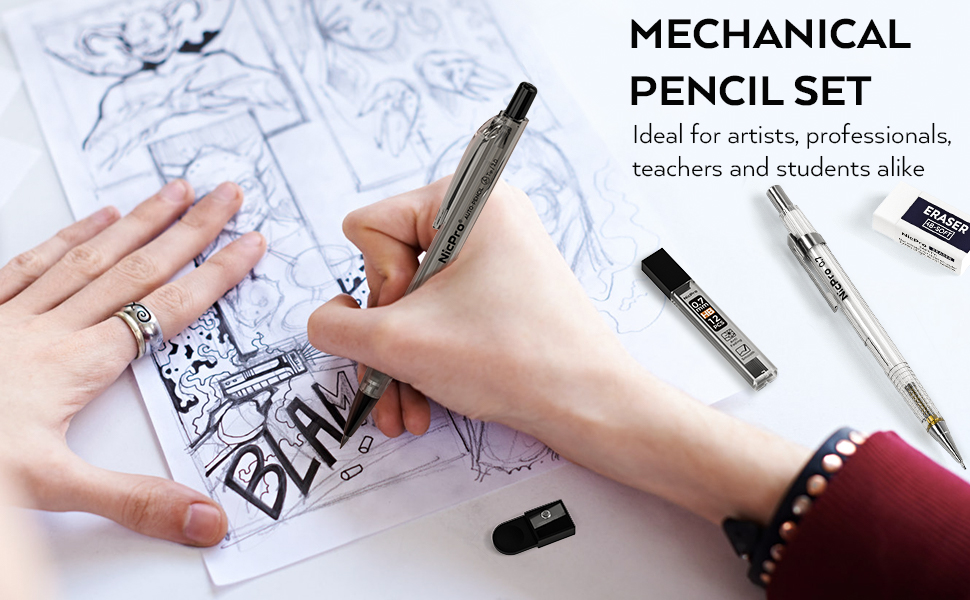 thumbnail video image 2 of Nicpro 6 PCS Art Mechanical Pencils Set with Case, Drafting Pencil 0.3 & 0.5 & 0.7 & 0.9 mm and 2mm Lead Holder (4B 2B HB 2H) with Lead Refills Erasers Sharpener, 2 of 8