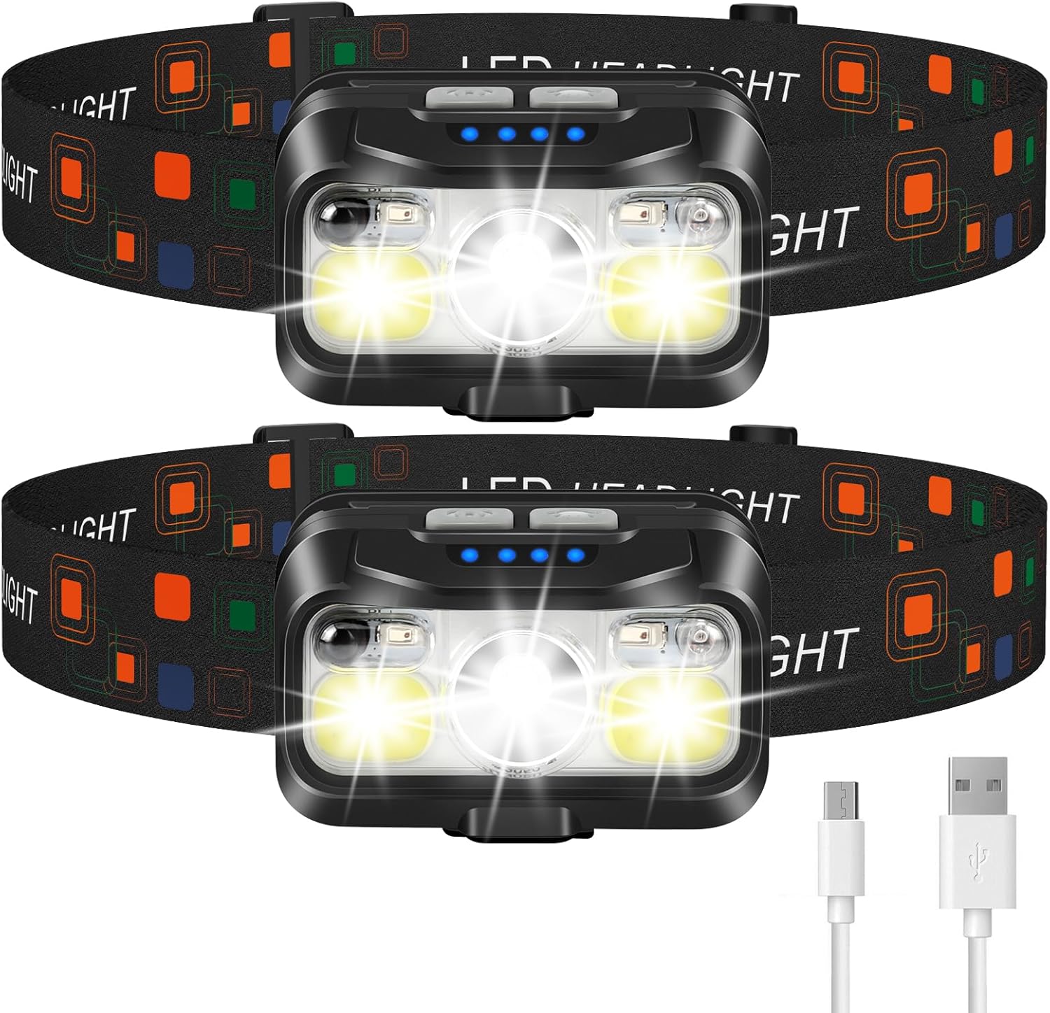 thumbnail video image 2 of Headlamp Flashlight, OEIKPFN  2-Pack Lumen Ultra-Light Bright LED Rechargeable Headlight with Waterproof Motion Sensor for Outdoor Camping Running Hiking Fishing, 2 of 8
