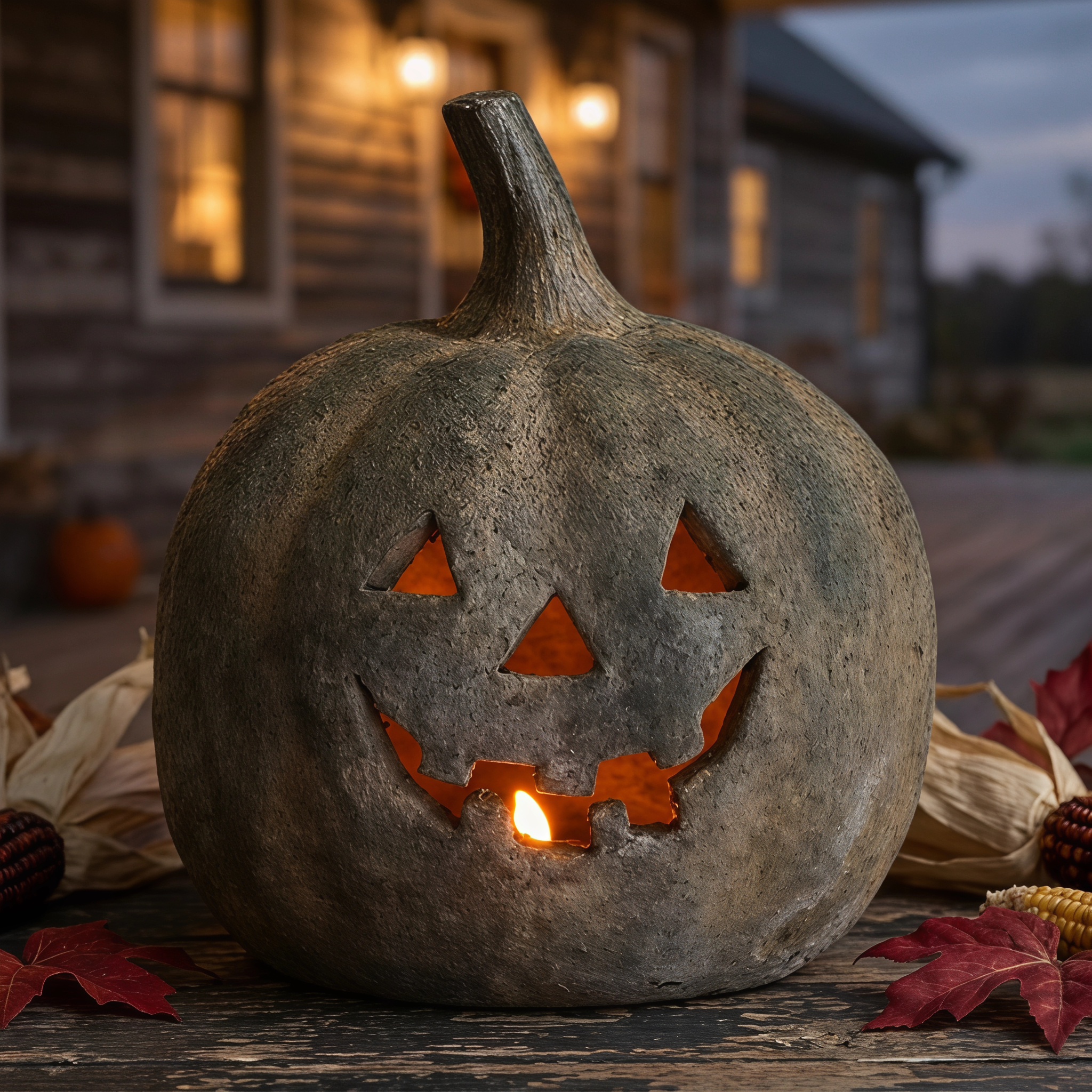 thumbnail video image 2 of Halloween Concrete Jack O Lantern Pumpkin, Weathered Jack O Lantern Candle Holder Vintage Textured Pumpkin Figurine for Farmhouse Gothic Indoor Dining Table Fall Home Decor, 2 of 11