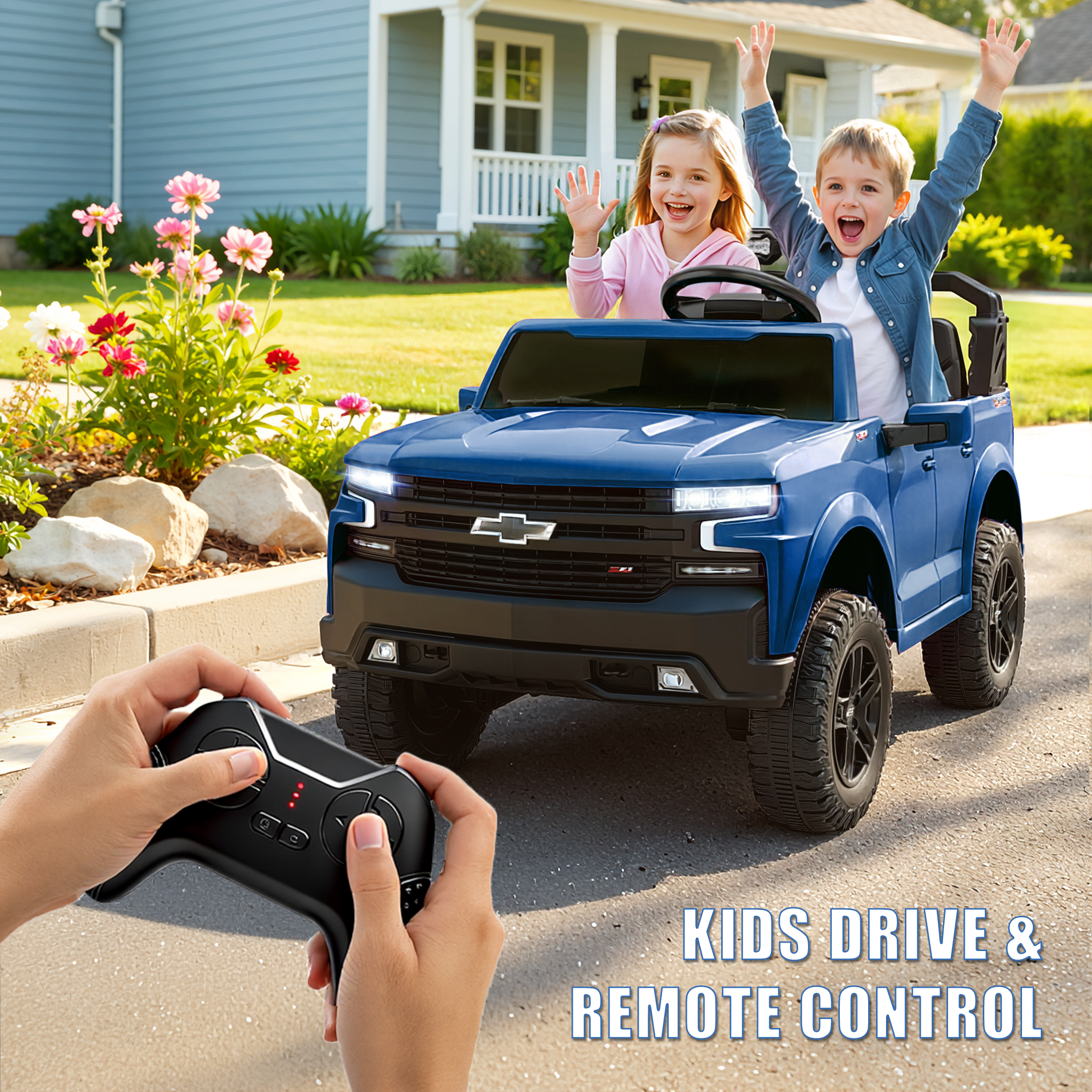 thumbnail video image 2 of Chevrolet Silverado 24V Ride on Cars, Real 2 Seat Battery Powered Ride on Toys with Remote Control, 4 Wheels Spring Suspension, LED Light, MP3 Player, Electric Car for Kids Boys Girls Gifts, Blue, 2 of 9