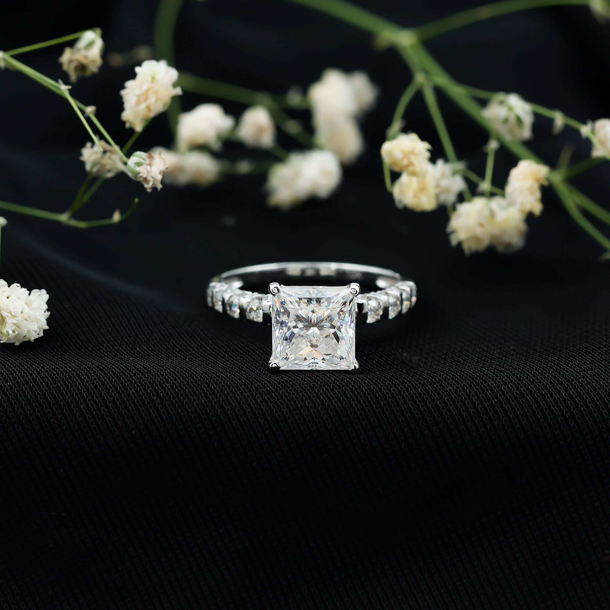 thumbnail video image 2 of Rosec Jewels - 3 Carat Moissanite Princess Cut Engagement Ring in Silver, D-VS1 Quality - Gift For Special Occasions, US 7.50, 2 of 7