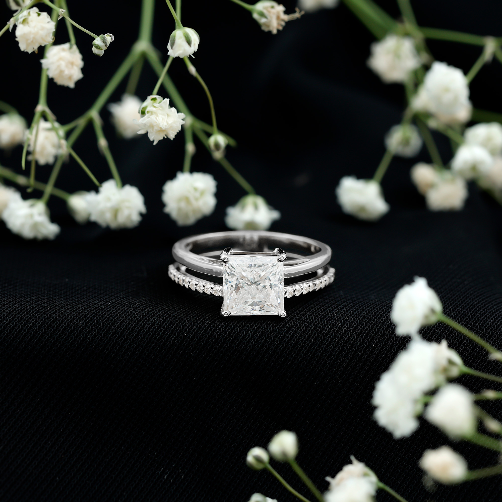 thumbnail video image 2 of Rosec Jewels Certified Moissanite Princess Cut Engagement Ring 3 Carat - Double Band Ring - 8 mm - D-VS1 Quality, 18K Yellow Gold, US 12.00, 2 of 9