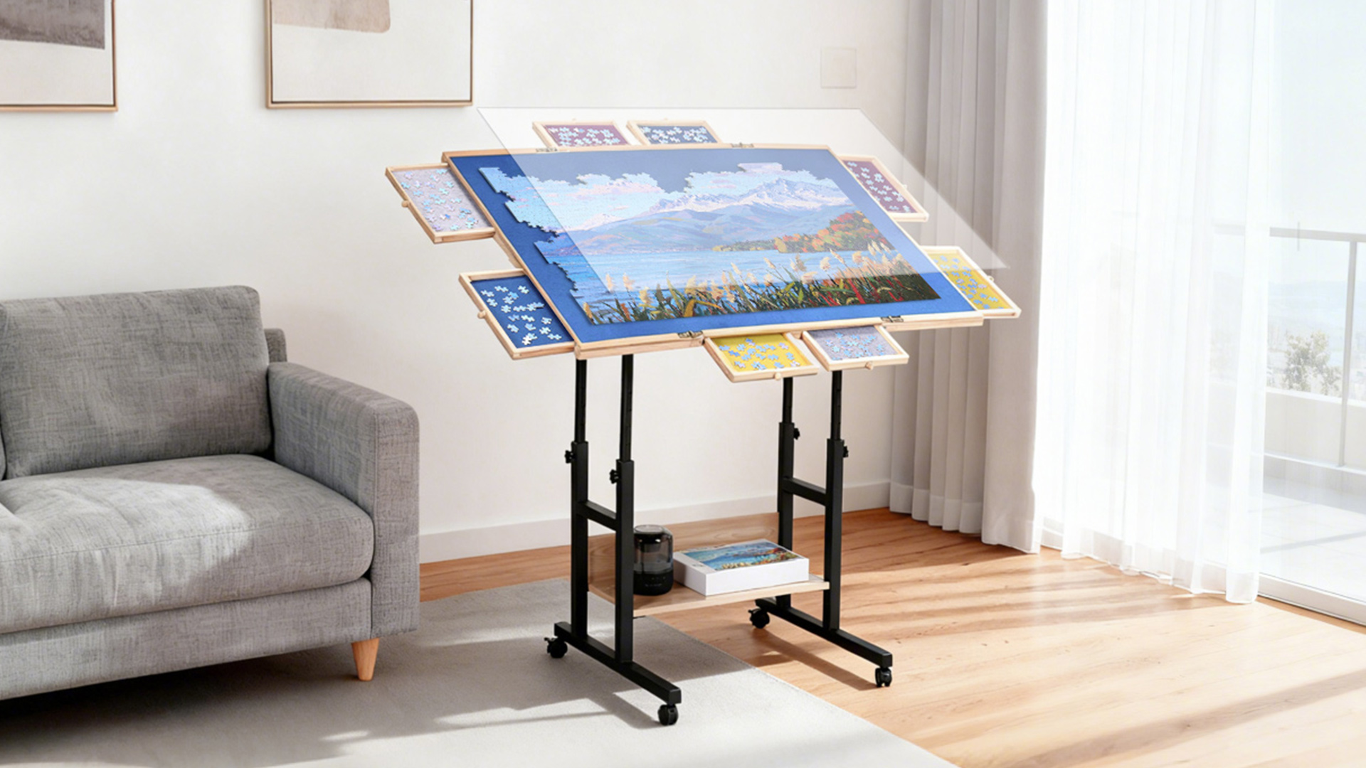 thumbnail video image 2 of FUNTOK 2000 Pieces Puzzle Table with 4 Wheels 360° Rotating Tabletop, Jigsaw Puzzle Table Adjustable in Height Angle, Puzzle Board Table with 8 Drawers, Legs, Cover, Easy Sorting for Adults Families, 2 of 11