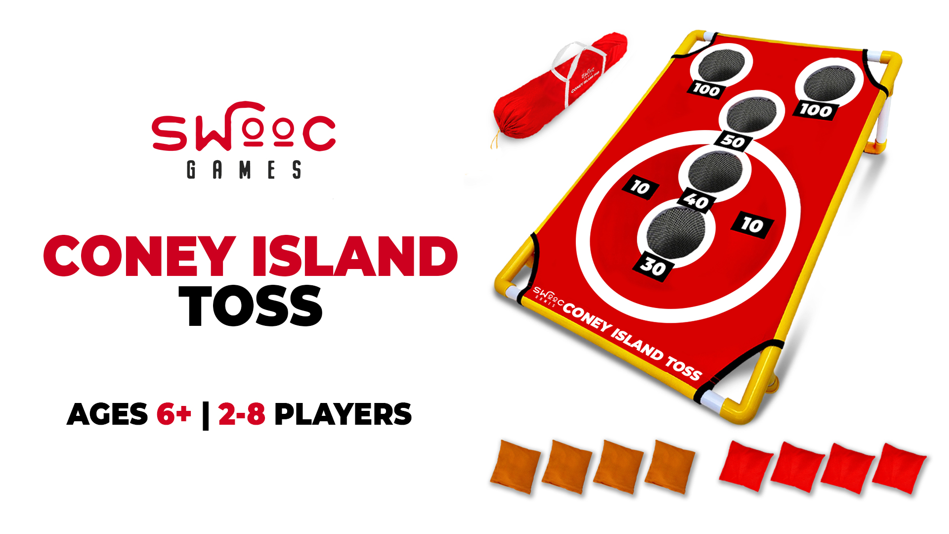 thumbnail video image 2 of SWOOC Games - Coney Island Toss™ - Arcade Style Cornhole Board Set w/Carrying Case & 15+ Games - Corn Hole Games for Adults - Kids Bean Bag Toss Game - Kids Cornhole Set w/Bags - Outdoor Yard Games, 2 of 6