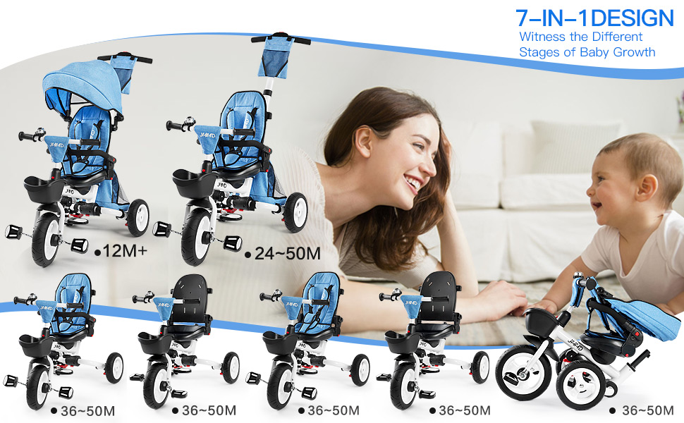 thumbnail video image 2 of JMMD Baby Tricycle, 7-in-1 Folding Kids Trike with Adjustable Parent Handle, Safety Harness & Wheel Brakes, Removable Canopy, Storage, Stroller Bike Gift for Toddlers 18 Months - 5 Years, Blue, 2 of 10