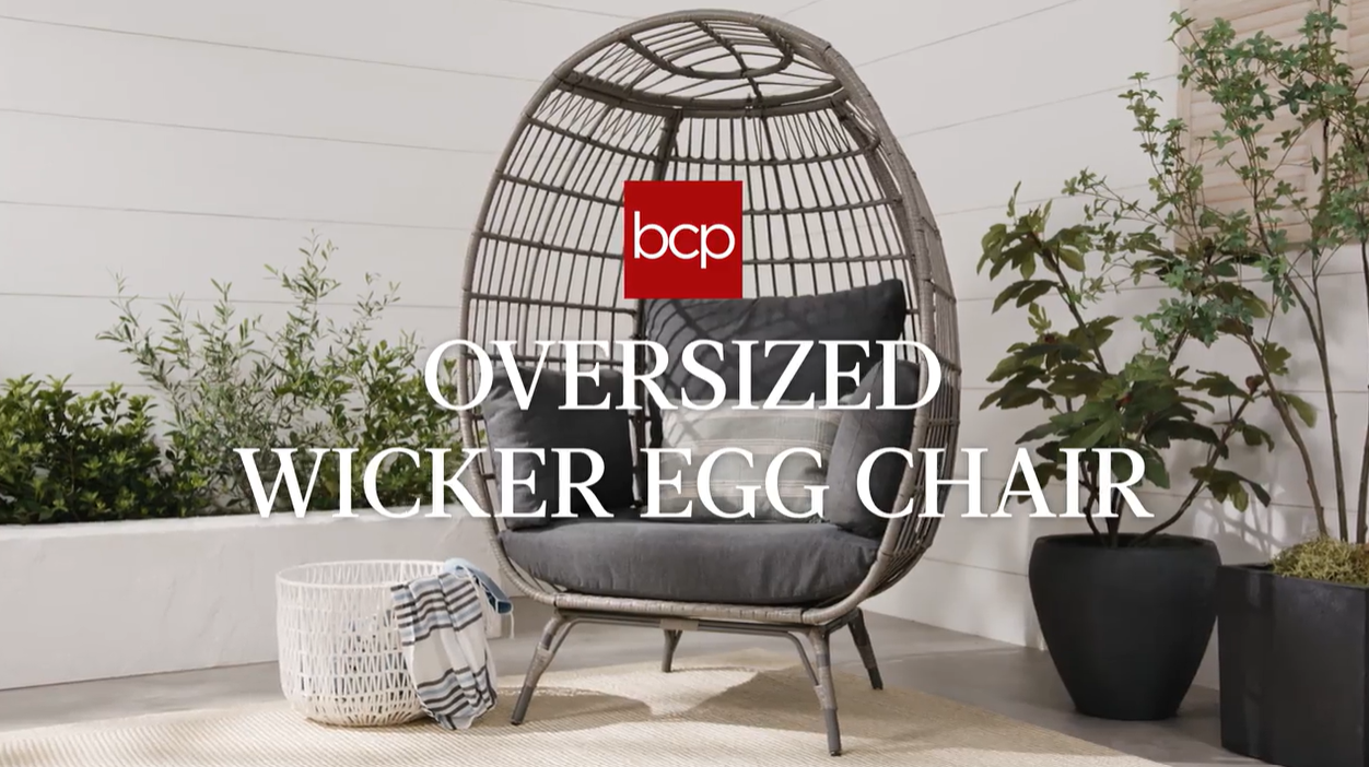 thumbnail video image 2 of Best Choice Products Wicker Egg Chair Oversized Indoor Outdoor Patio Lounger w/ Steel Frame, 440lb Capacity - Black, 2 of 8