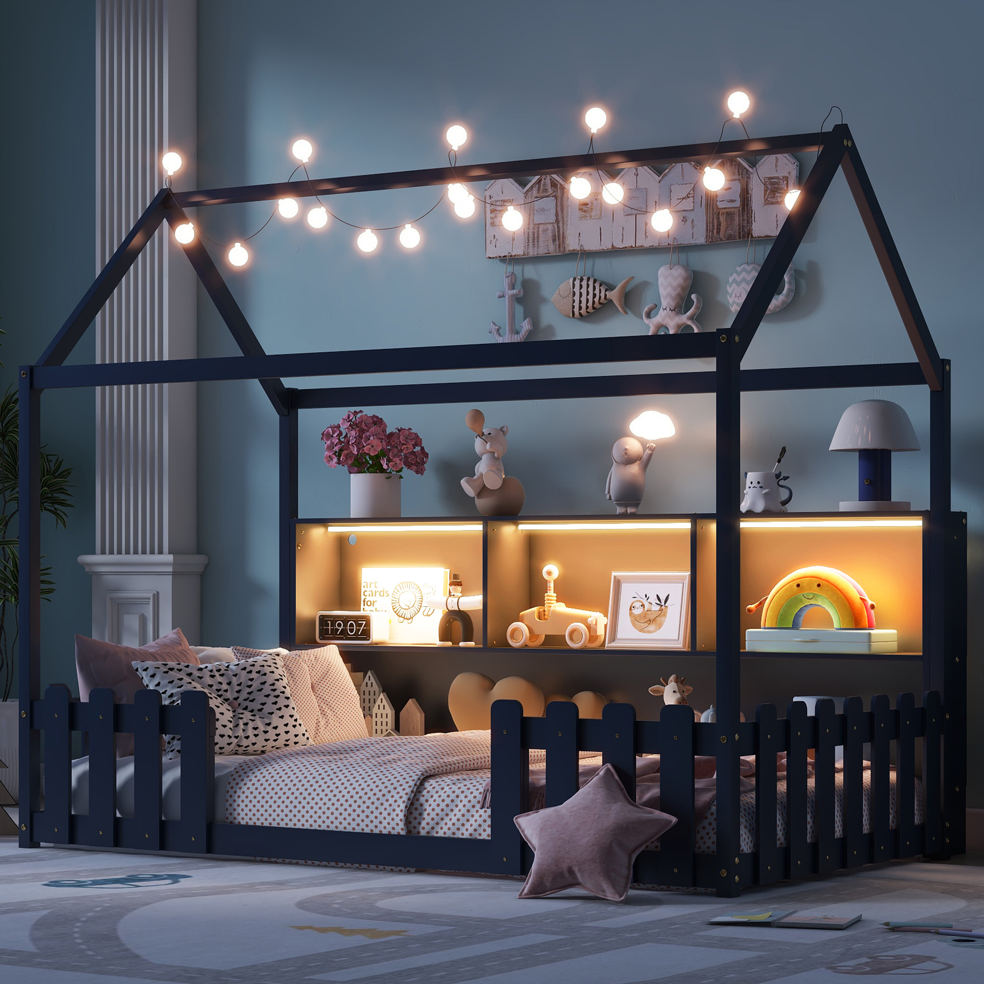 thumbnail video image 2 of Mirightone Twin Size House Bed with LED Light and Fence Guardrails, Farmhouse Bed Frame for Girls Boys, Wood Montessori Floor Bed Frame with Storage Bookshelf, (Navy Blue), 2 of 10