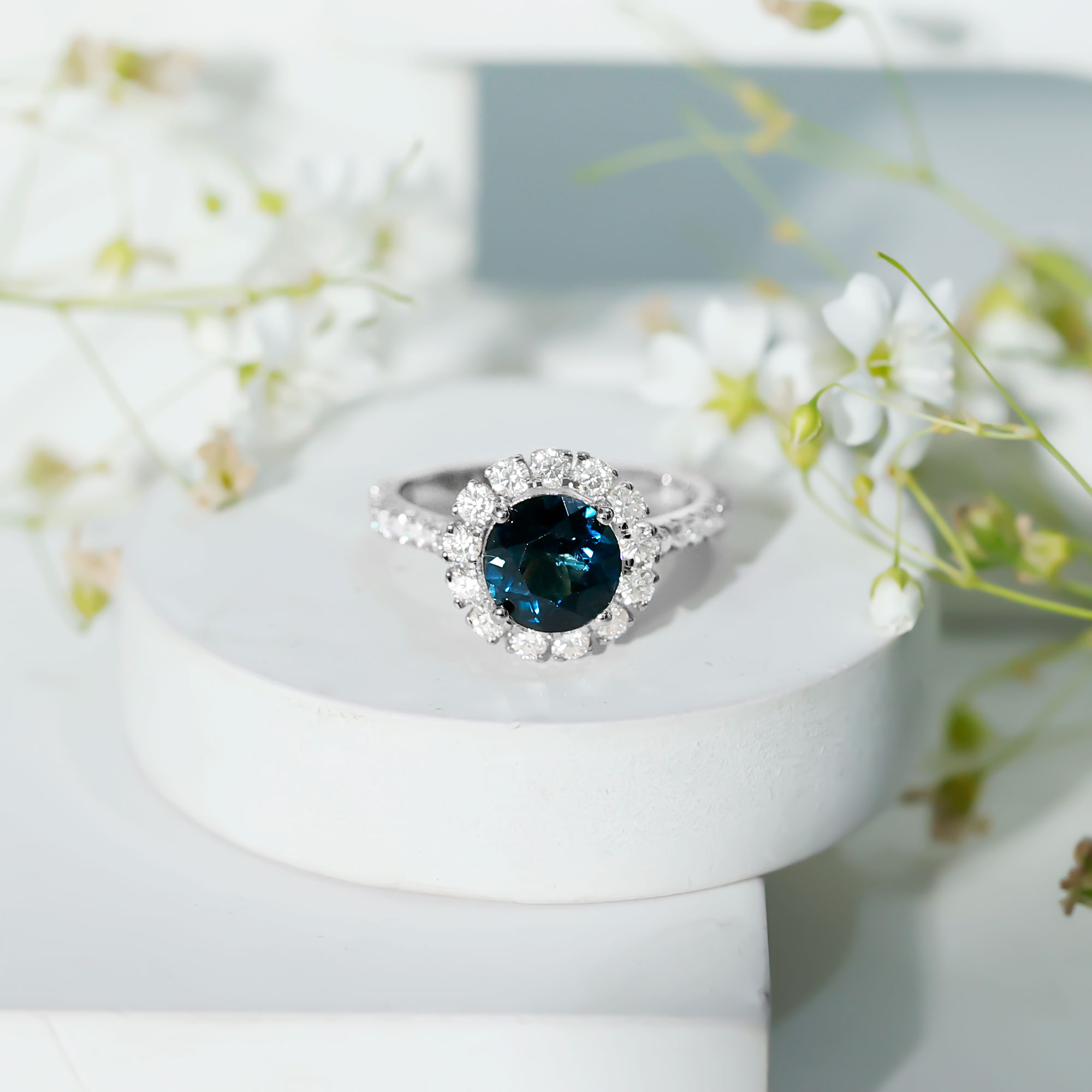 thumbnail video image 2 of Rosec Jewels Natural London Blue Topaz Engagement Ring with Moissanite Halo (8 mm Round, AAA Grade) - with Jewelry Box, 14K Yellow Gold, US 7.00, 2 of 7