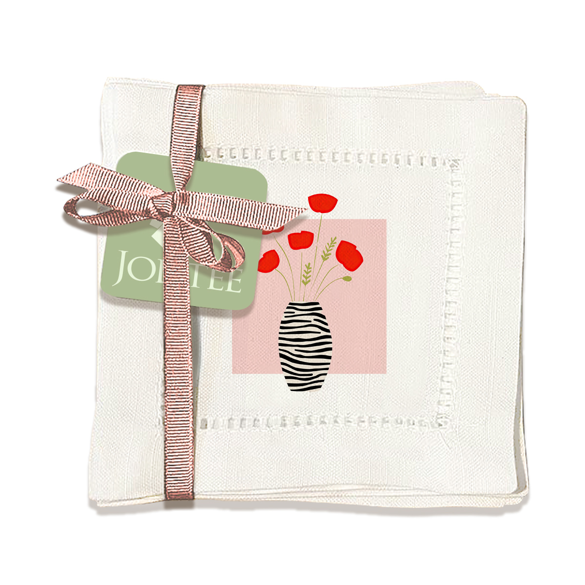 thumbnail video image 2 of Jolitee Decorative Hemstitch Cocktail Napkins, 6"x6" Washable Linen-Like Cloth Napkins, Handmade for Entertaining and Everyday Use (Zebra Vase), 2 of 8