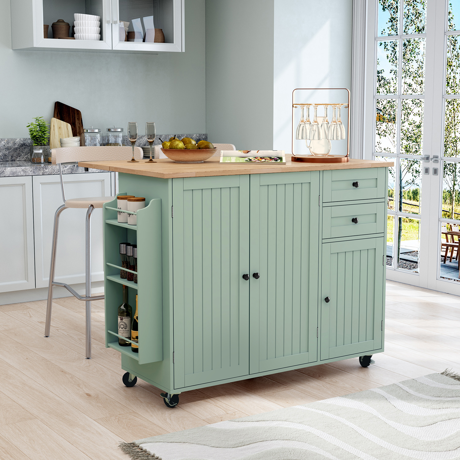 thumbnail video image 2 of HLR 50.39" Kitchen Island with Storage, Wood Top Cart with Drop Leaf and Wheels, White, 2 of 14