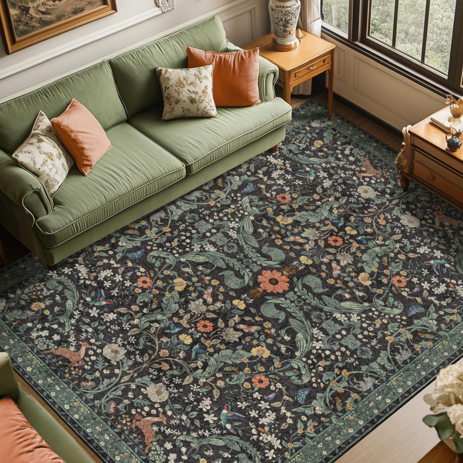 thumbnail video image 2 of Bleum Cade 8'x10' Dark Floral Area Rug for Living Room, Vintage Boho Washable Low Pile Rug, Distressed Retro Ultra Soft Non Slip Durable Large Carpet for Bedroom Dining Room Home Decor, 2 of 11