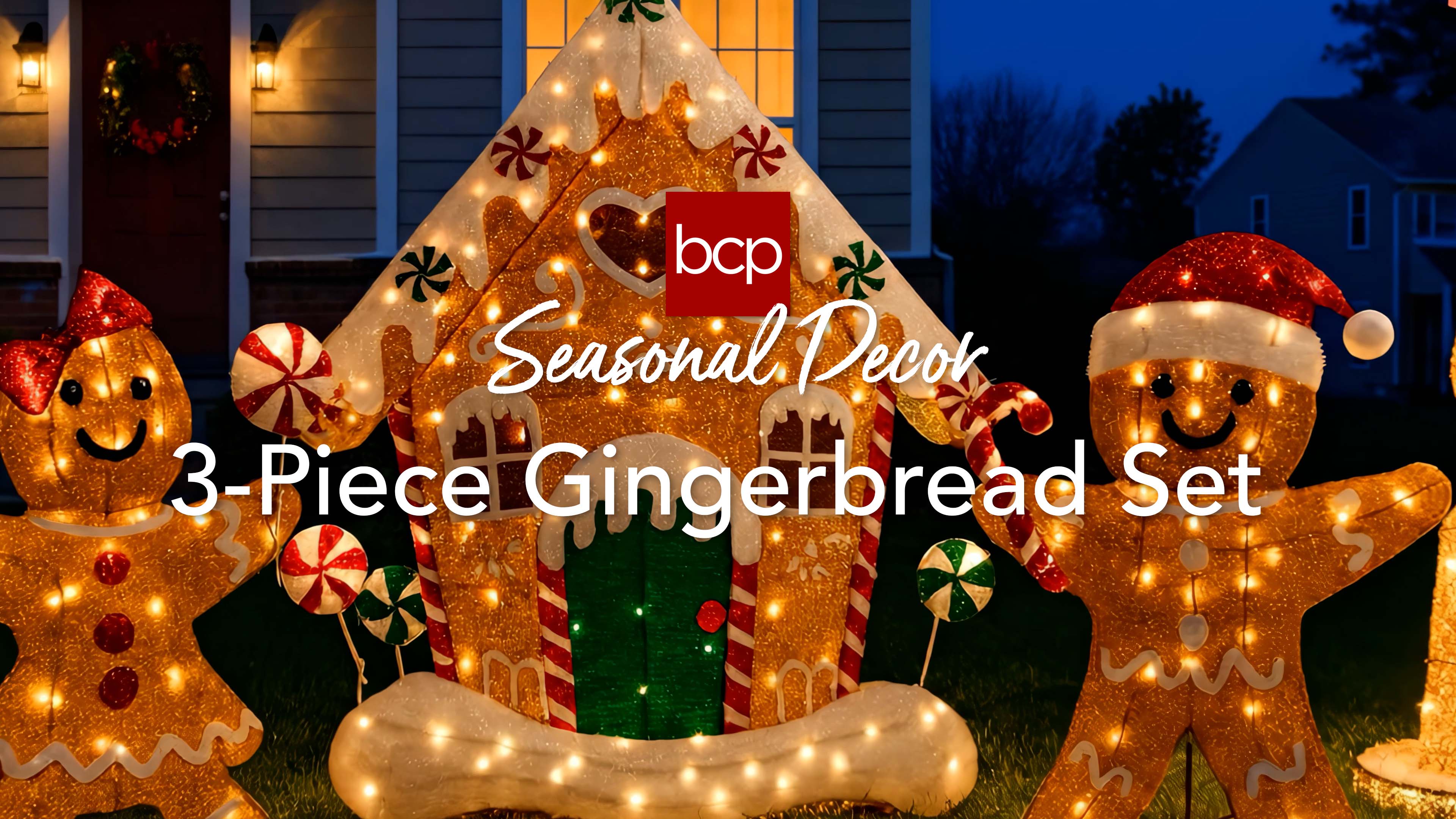 thumbnail video image 2 of 3pc Gingerbread Man Family 2D Christmas Yard Decor, 4ft Light Up Holiday Lawn Decoration w/House, 185 LED Lights, 2 of 9