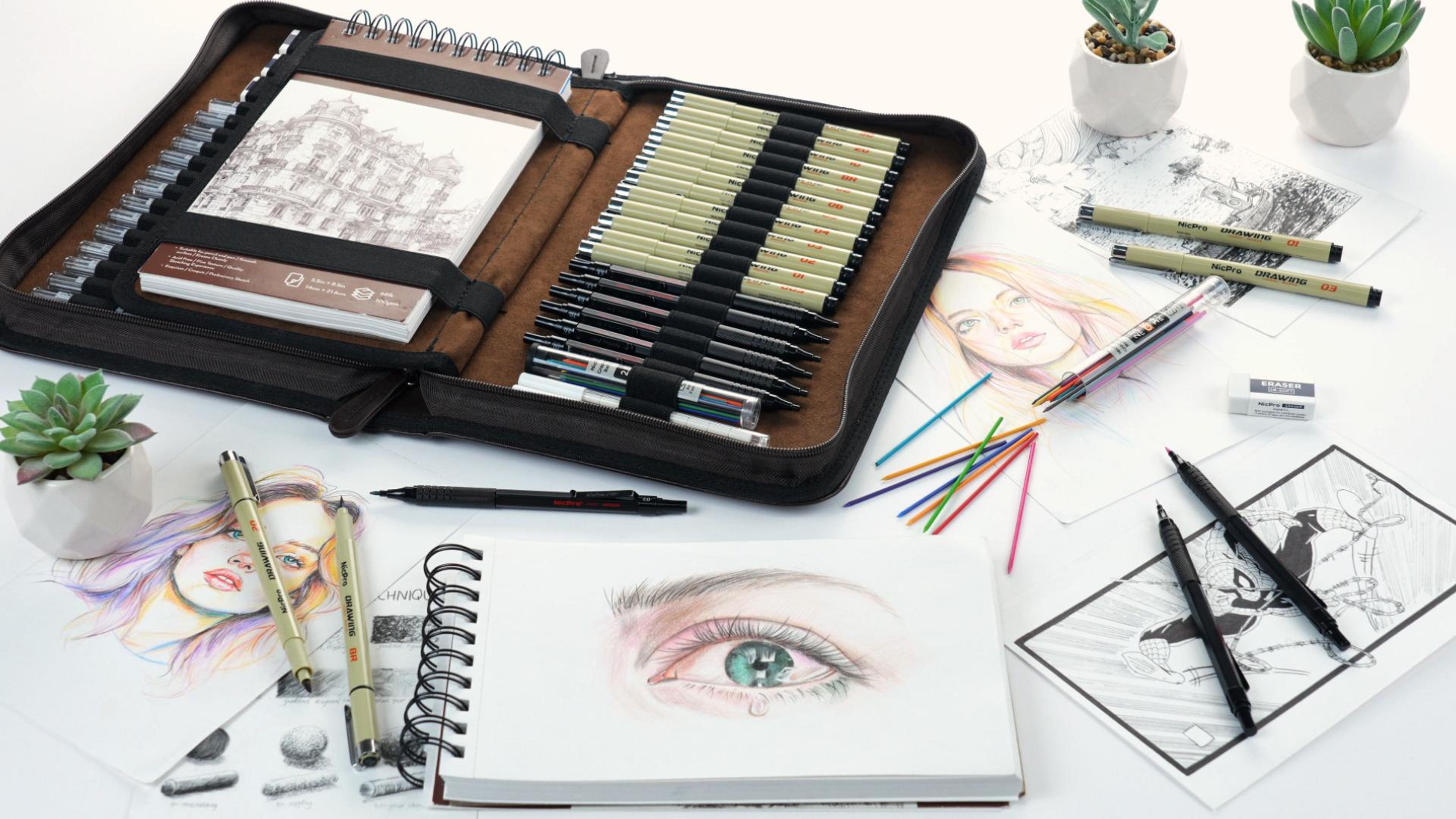 thumbnail video image 2 of Nicpro 58PCS Art Drawing Supplies Kit in Leather Case, MP1000 Black Metal Mechanical Pencil Set with Drafting Pencil 0.5, 0.7, 0.9 & 2mm, 12 Micron Pen, Sketch Book, 30 Tube Lead Refills, 2 of 8